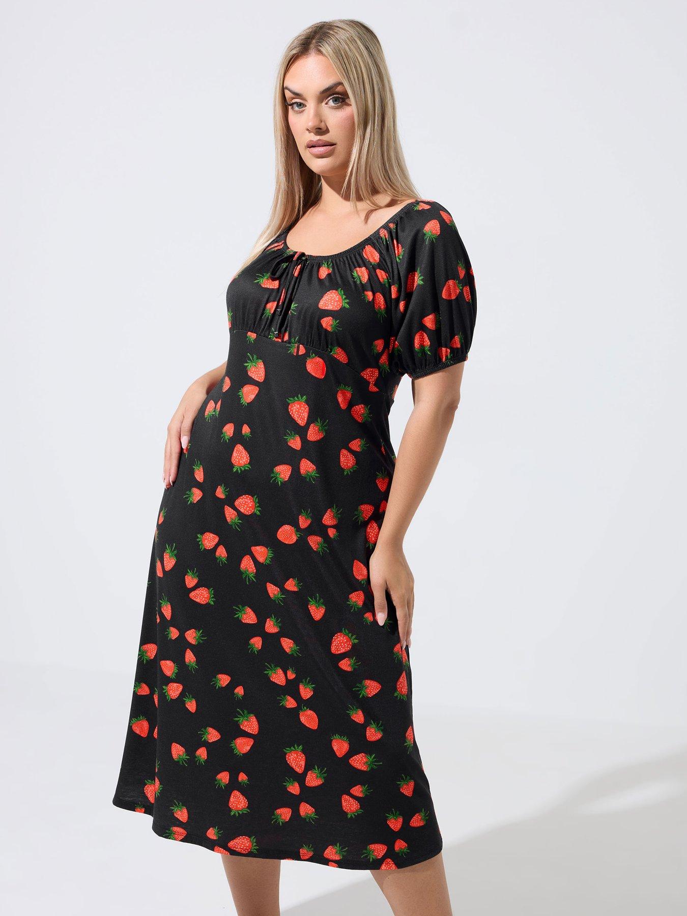 Yours Curve Strawberry Tea Dress - Black