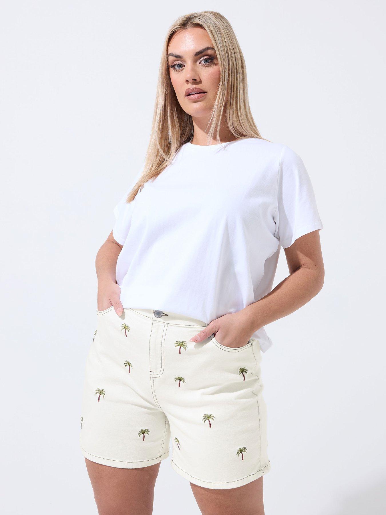 Yours Curve Palm Tree Embroidered Shorts - Cream