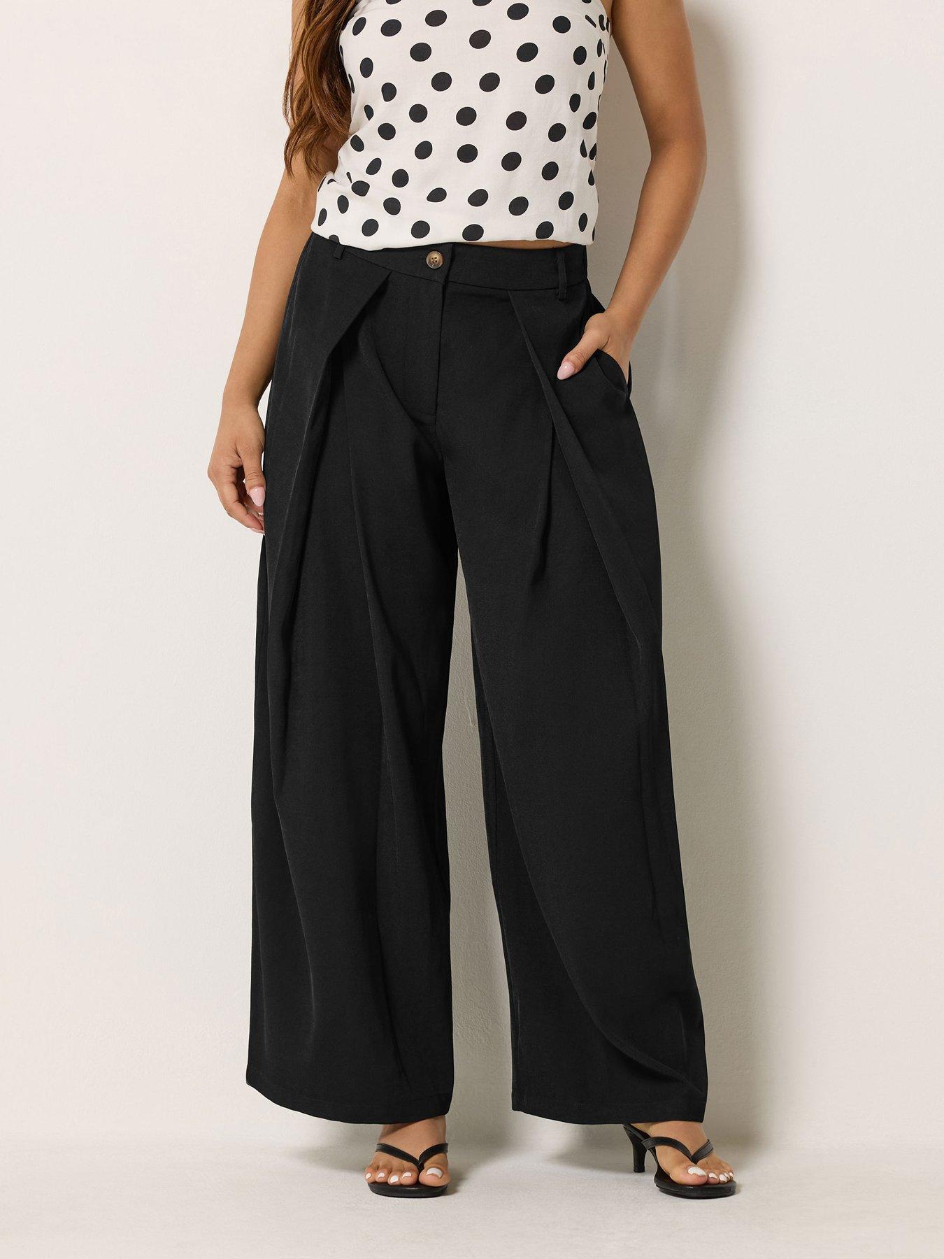 PixieGirl Petite Wrap Pleated Wide Leg Trousers - Black