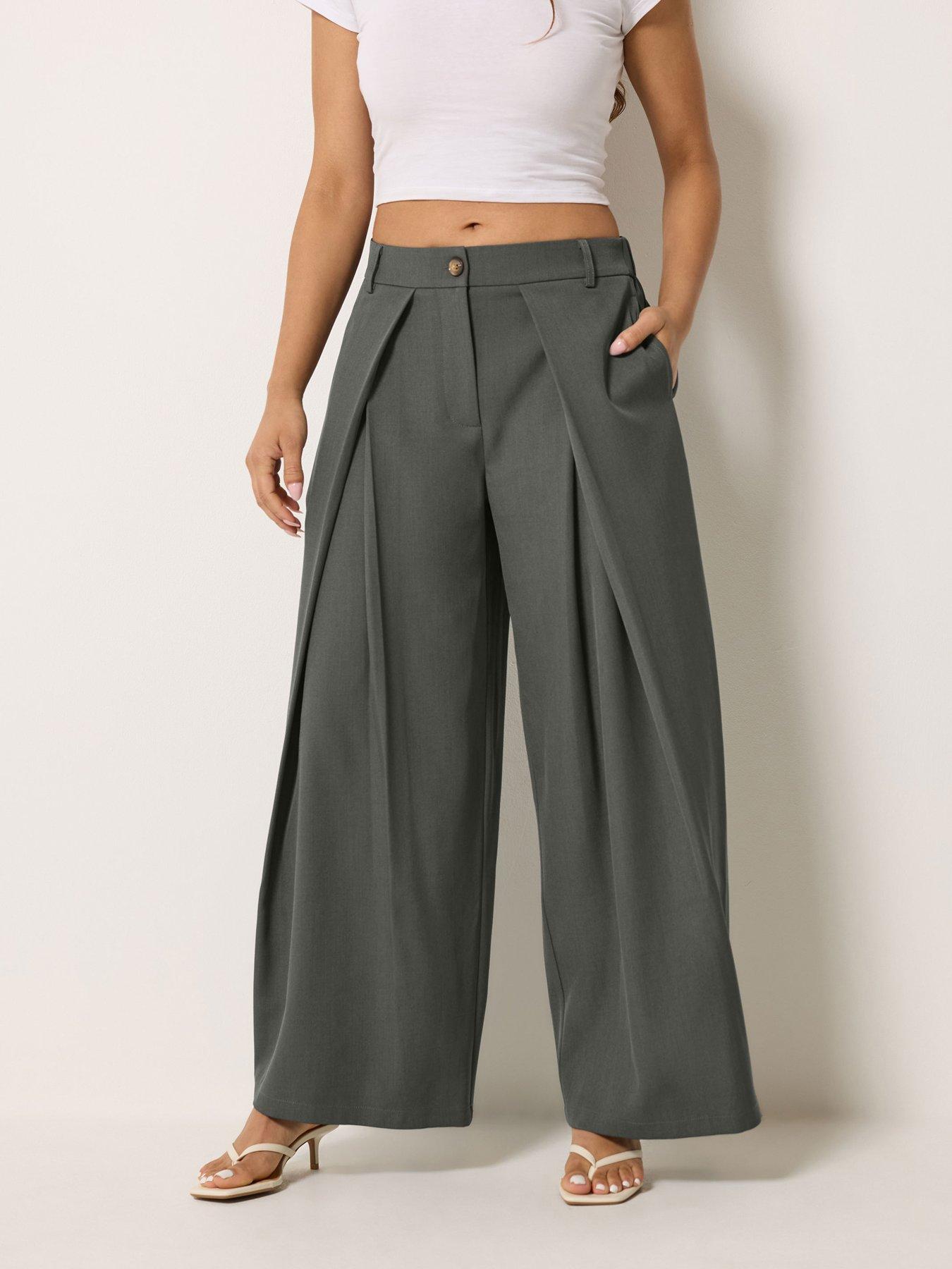 PixieGirl Petite Wrap Pleated Wide Leg Trousers - Grey