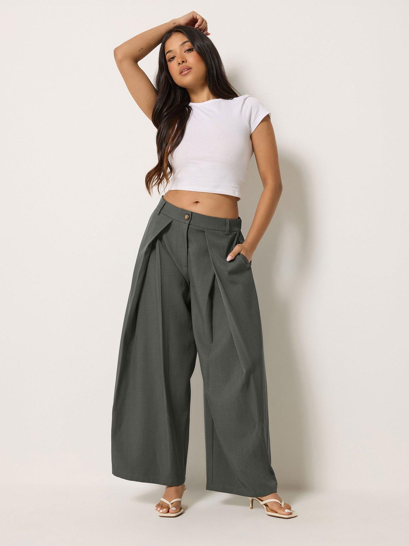 Image 3 of 4 of PixieGirl Petite Wrap Pleated Wide Leg Trousers - Grey