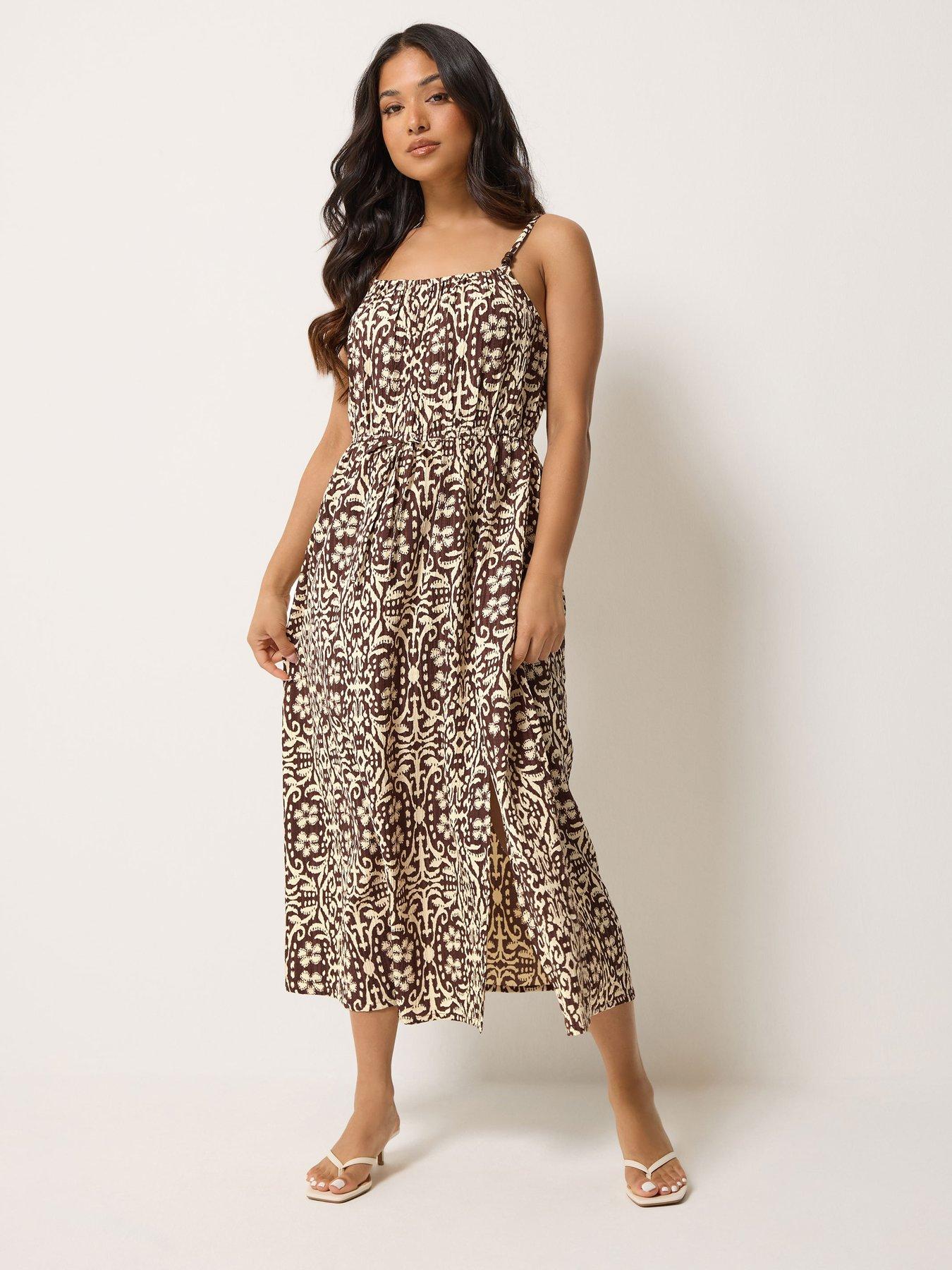 Image 1 of 4 of PixieGirl Petite Tile Print Tie Strap Midi Dress - Red