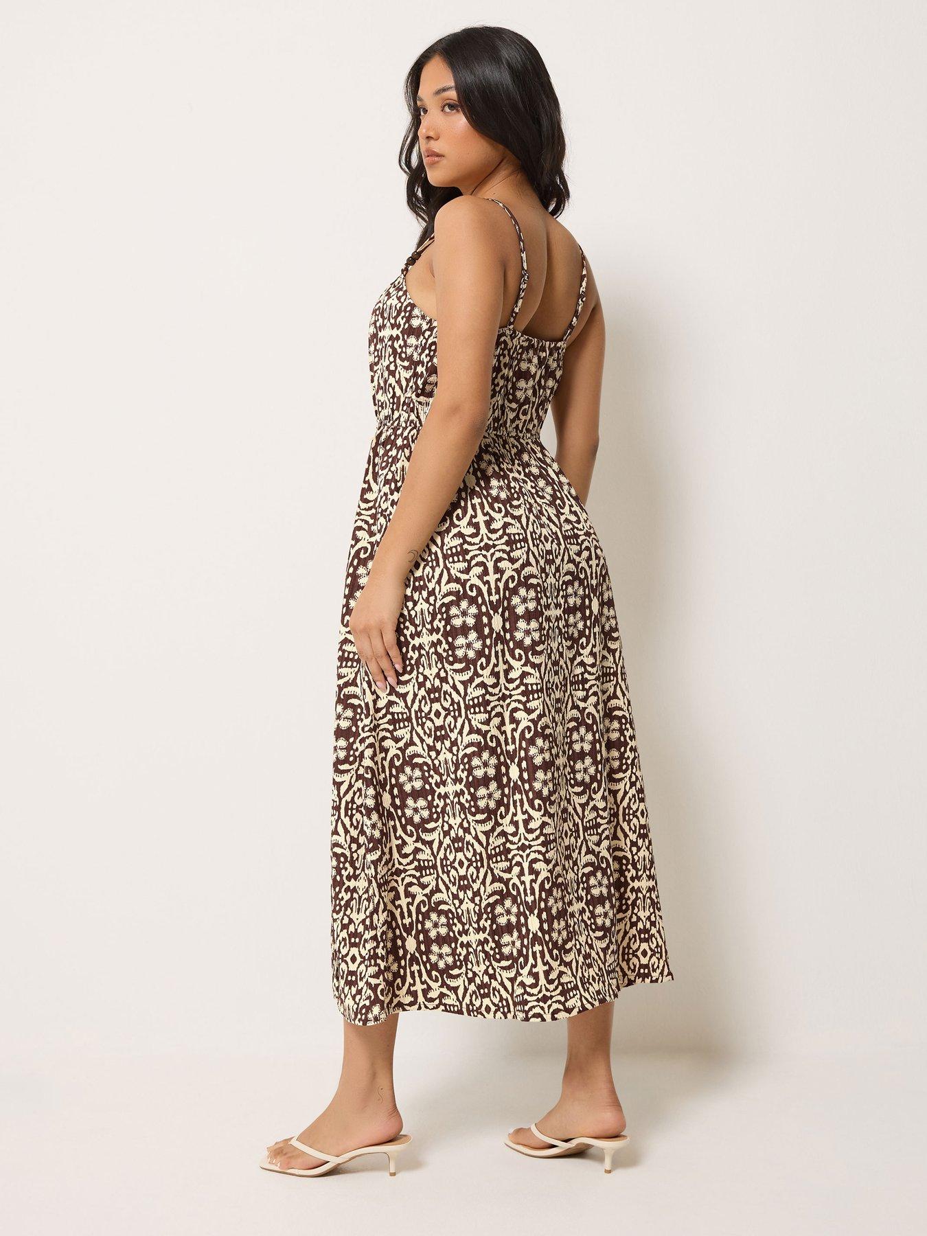 Image 2 of 4 of PixieGirl Petite Tile Print Tie Strap Midi Dress - Red