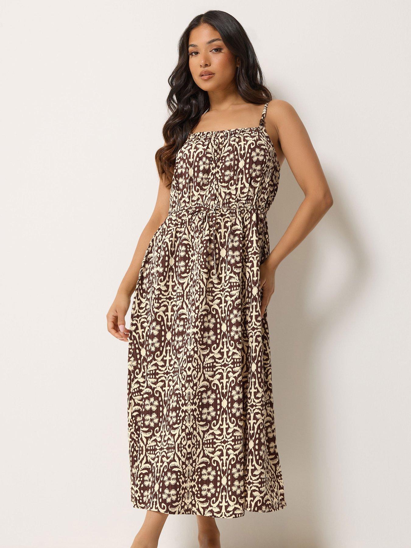 Image 3 of 4 of PixieGirl Petite Tile Print Tie Strap Midi Dress - Red