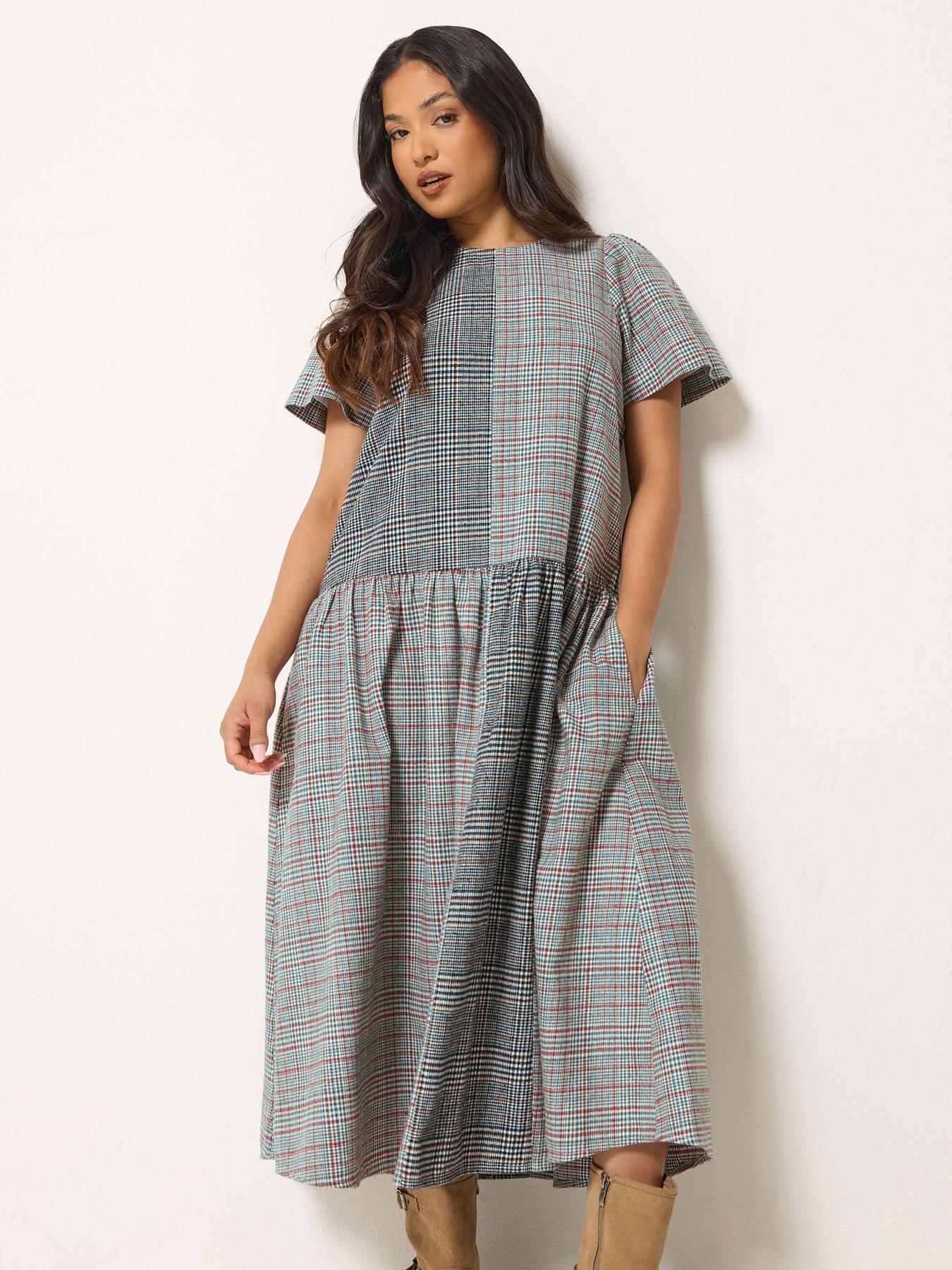 PixieGirl Petite Brushed Check Patchwork Midi Dress - Grey