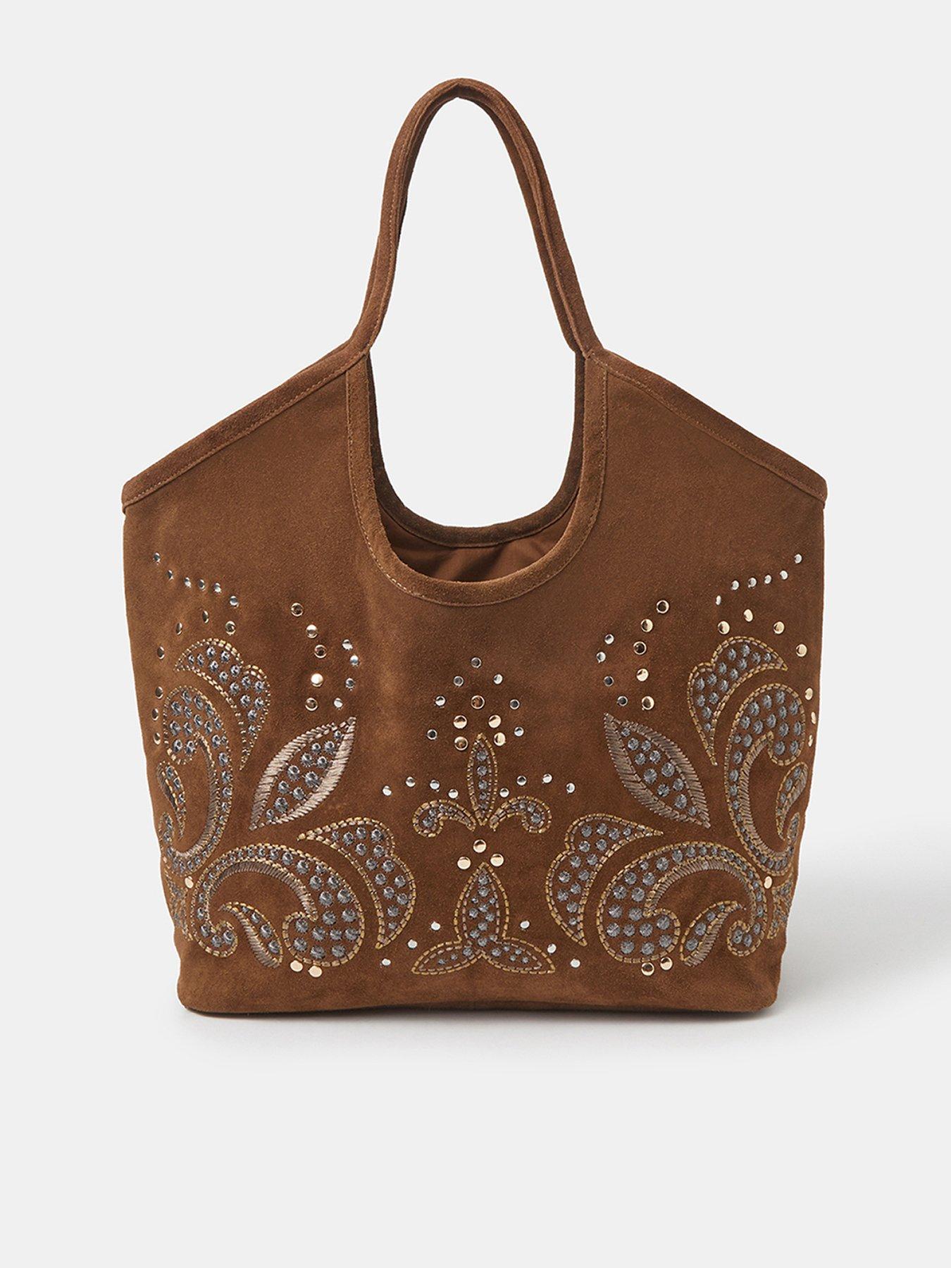 Accessorize Suede Embroidered Tote Bag - Brown