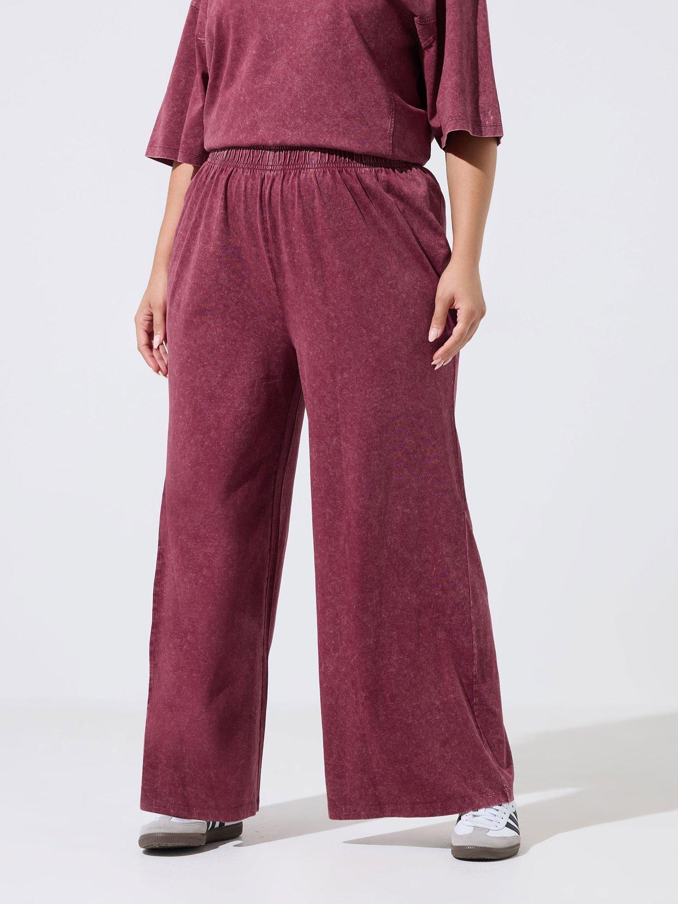 Yours Curve Acid Wash Wide Leg Trousers  - Red