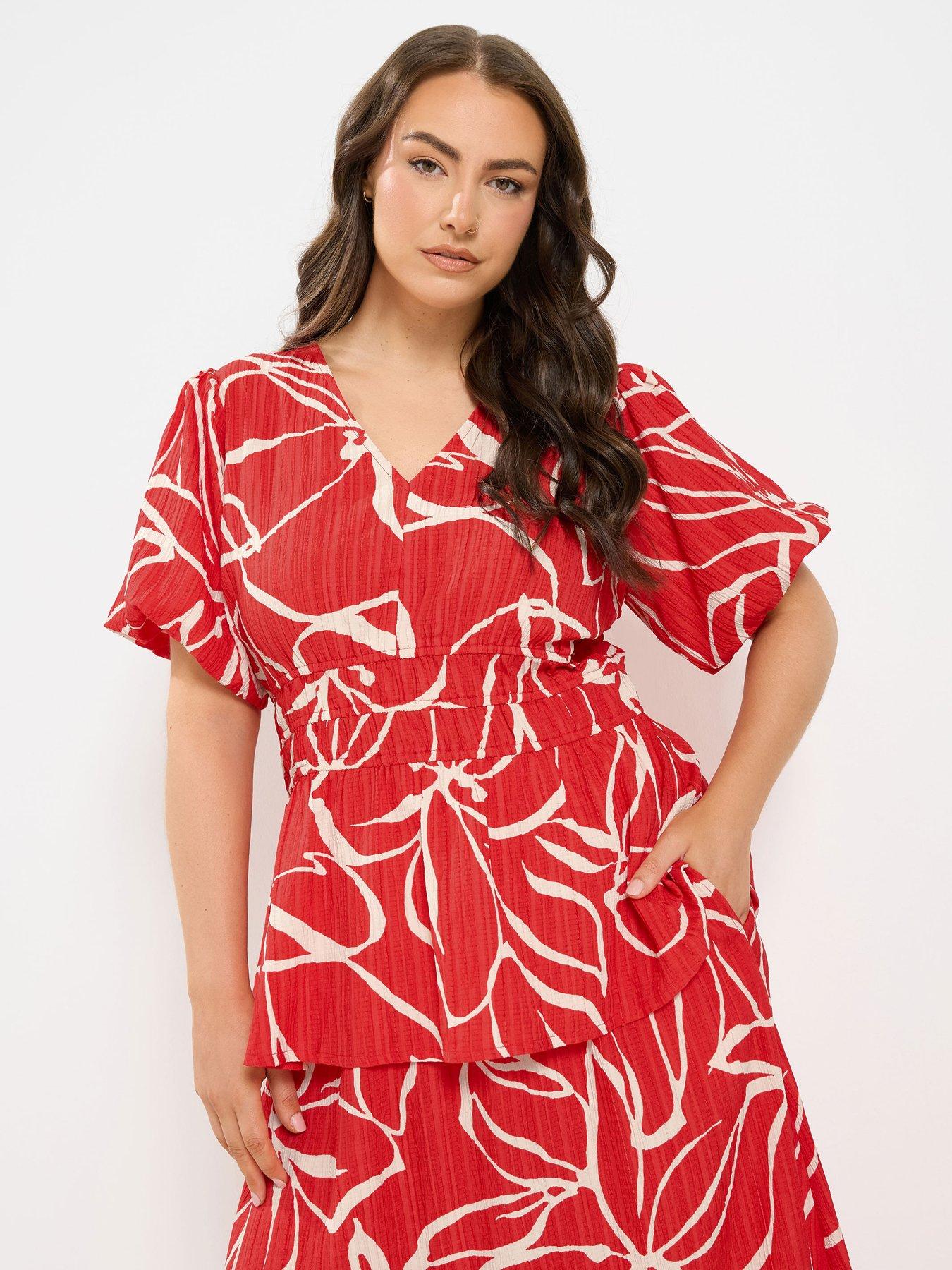 Yours Curve Floral Print Puff Sleeve Top - Red