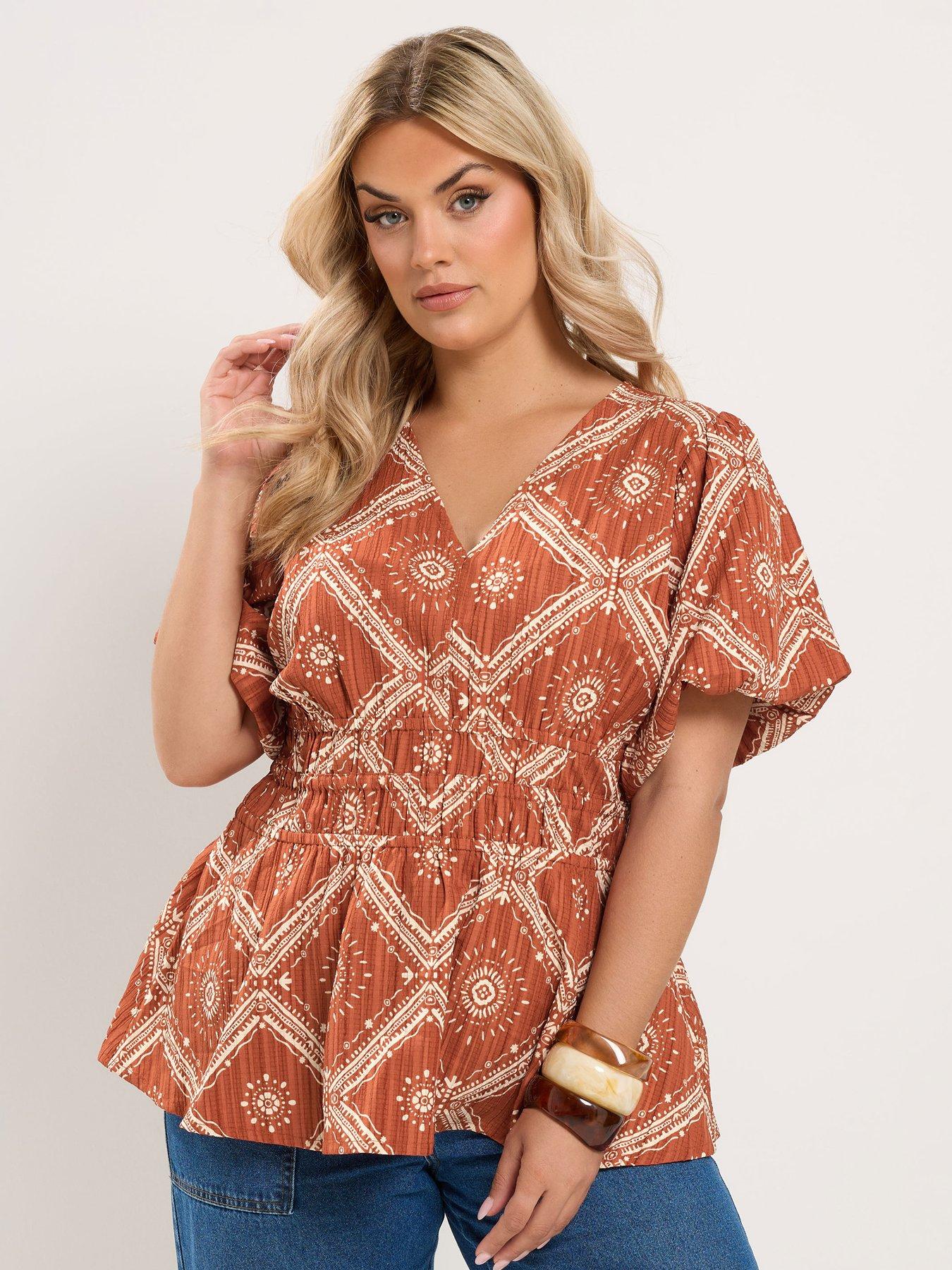Image 1 of 4 of Yours Curve Abstract Puff Sleeve Blouse - Orange