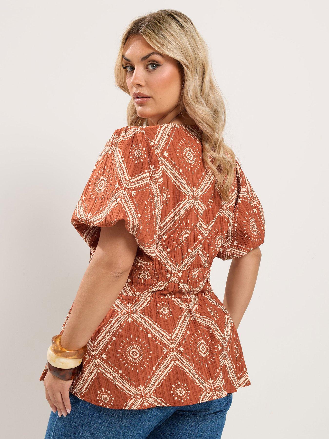 Image 2 of 4 of Yours Curve Abstract Puff Sleeve Blouse - Orange