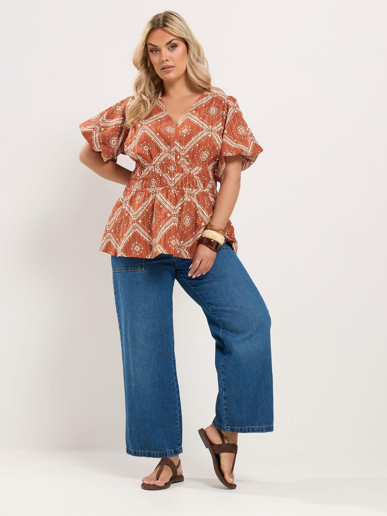 Image 3 of 4 of Yours Curve Abstract Puff Sleeve Blouse - Orange