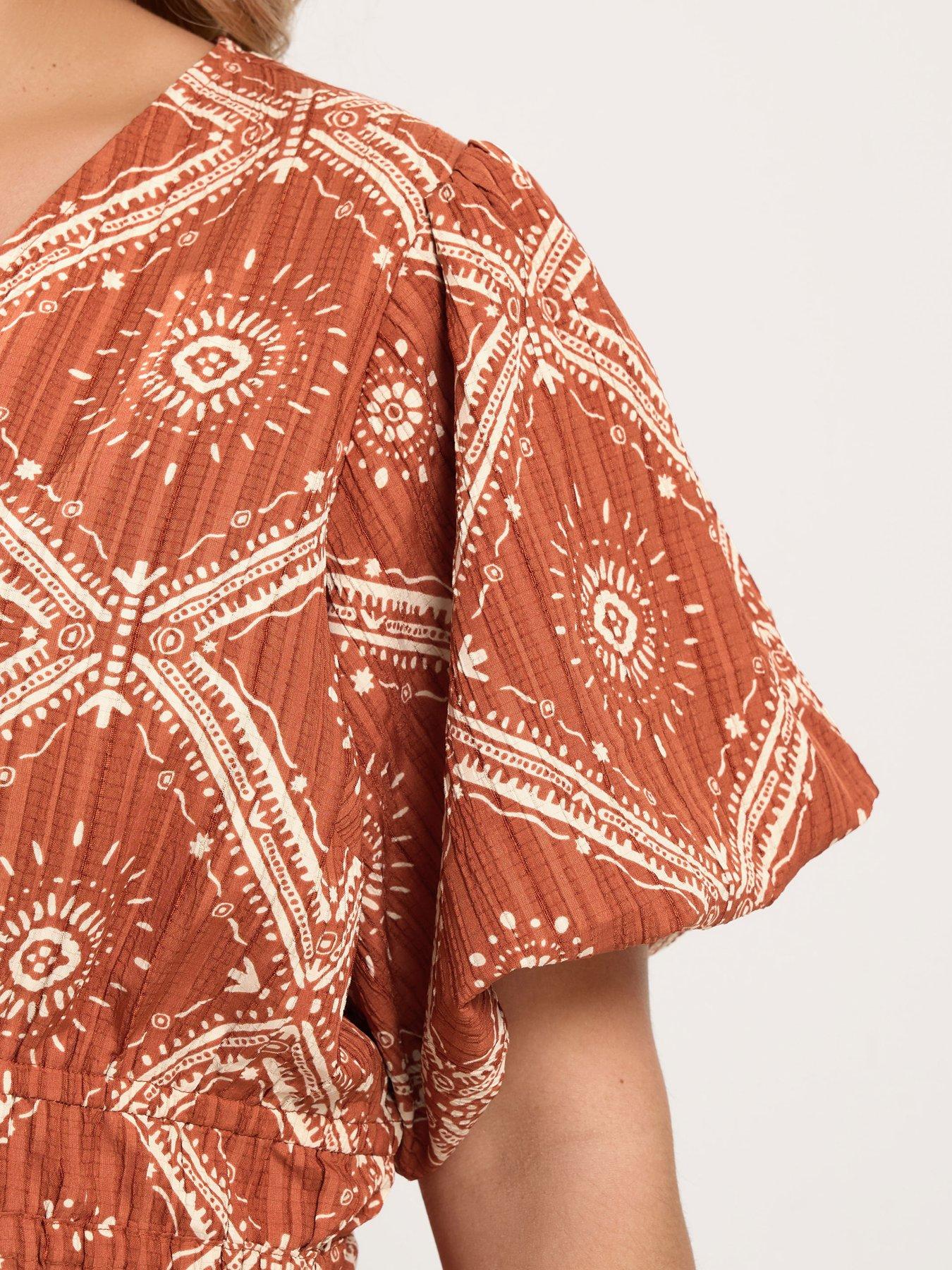 Image 4 of 4 of Yours Curve Abstract Puff Sleeve Blouse - Orange