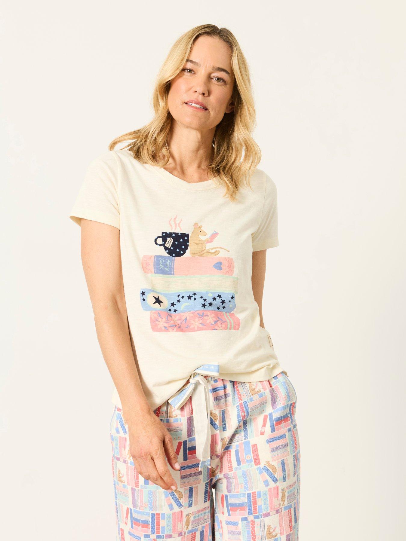 FatFace Women's Natalie Ivory Books Graphic Pyjama Top - Cream