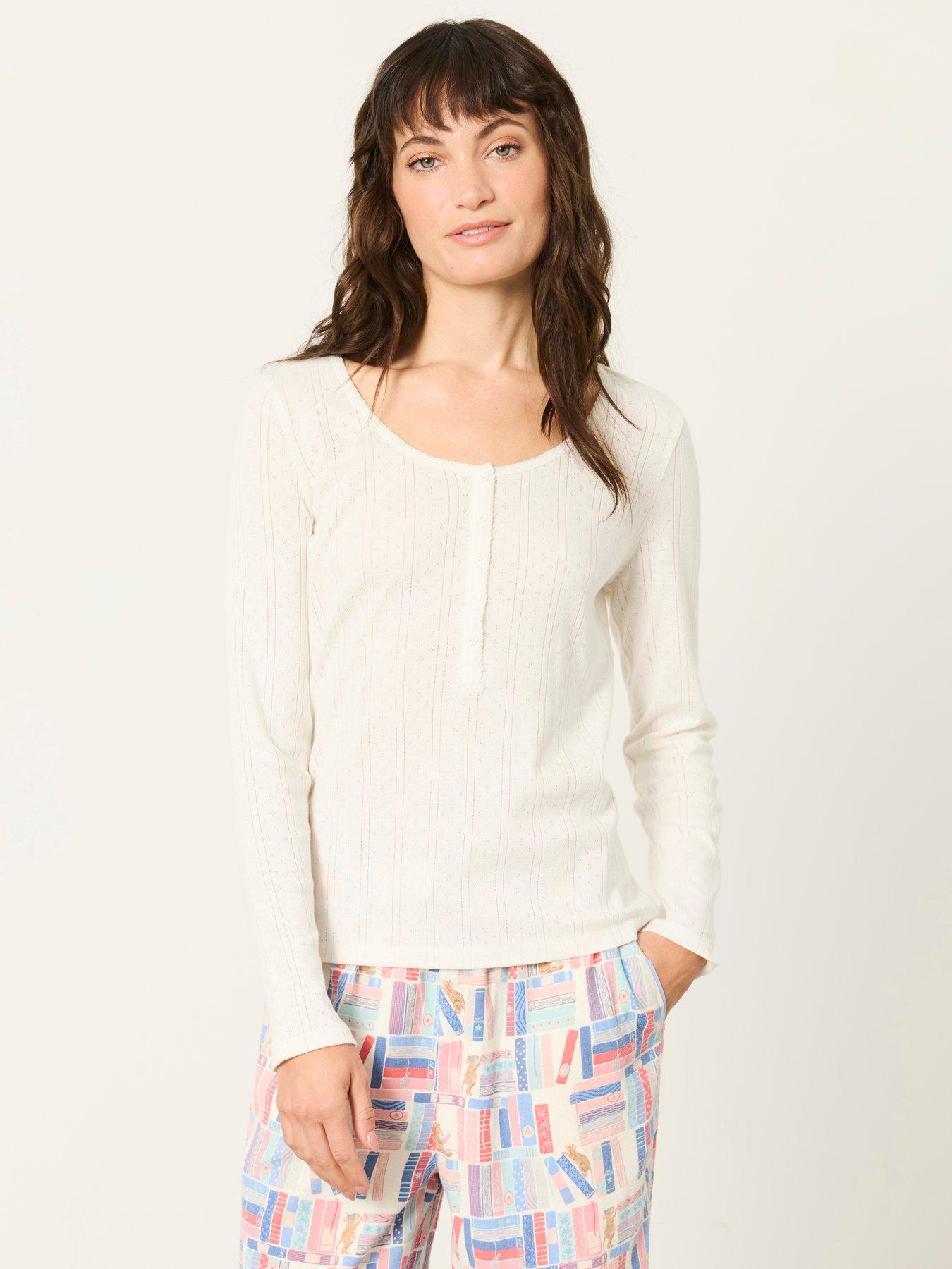 FatFace Women's Hattie Henley Pointelle Long Sleeve Top - Cream