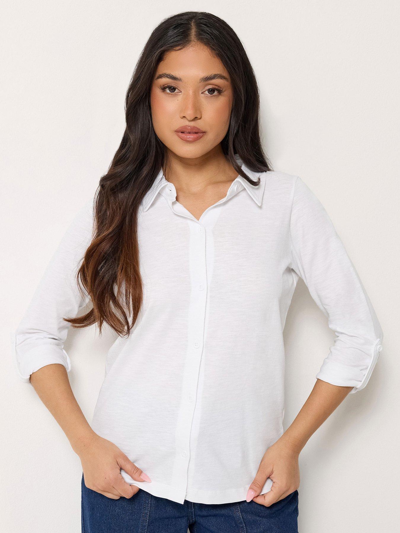Image 1 of 4 of PixieGirl Petite Turn Back Sleeve Jersey Shirt - White