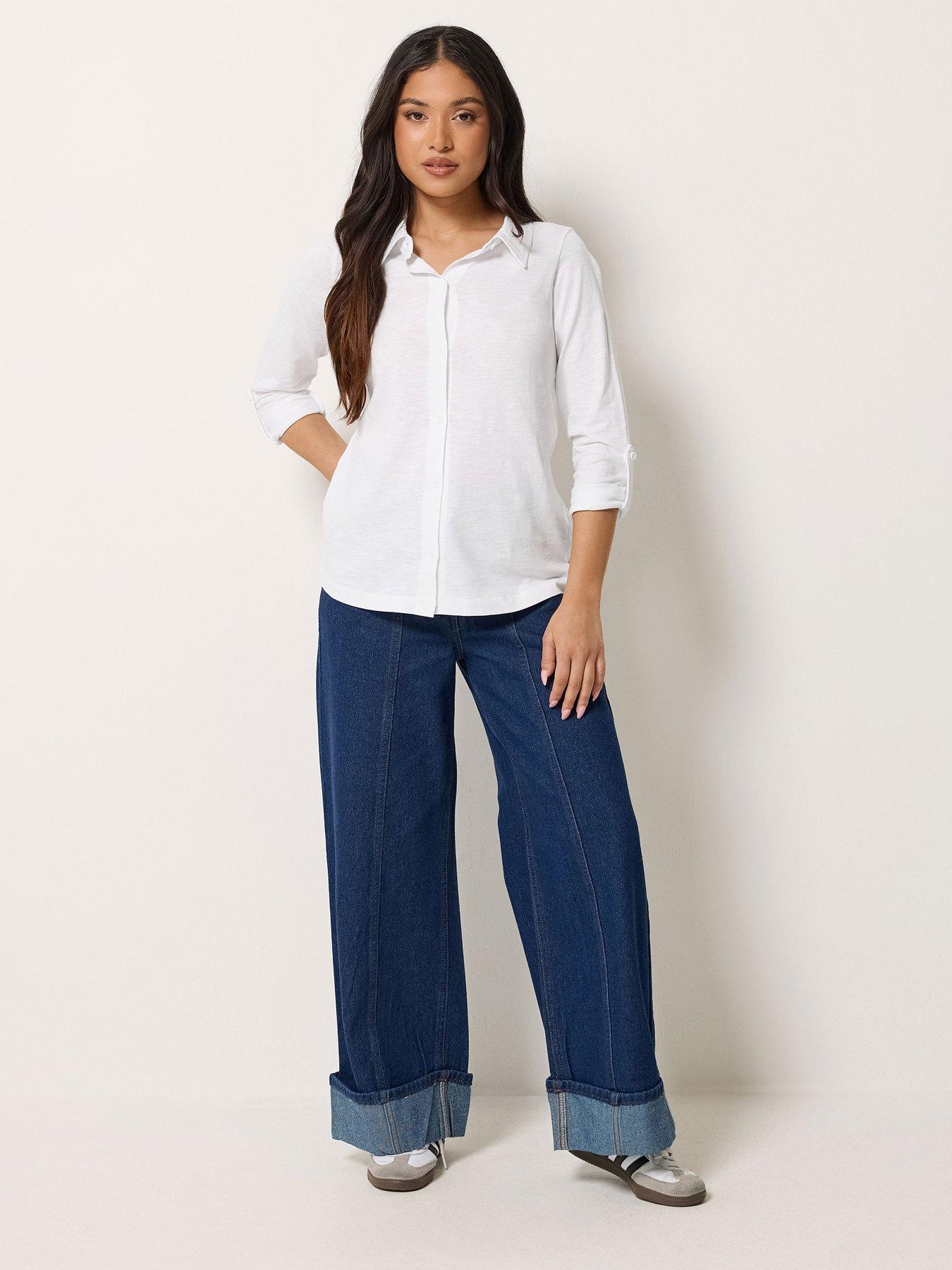 Image 3 of 4 of PixieGirl Petite Turn Back Sleeve Jersey Shirt - White