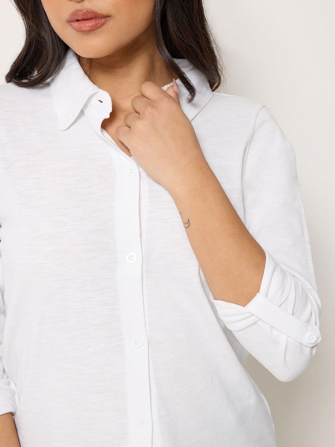 Image 4 of 4 of PixieGirl Petite Turn Back Sleeve Jersey Shirt - White