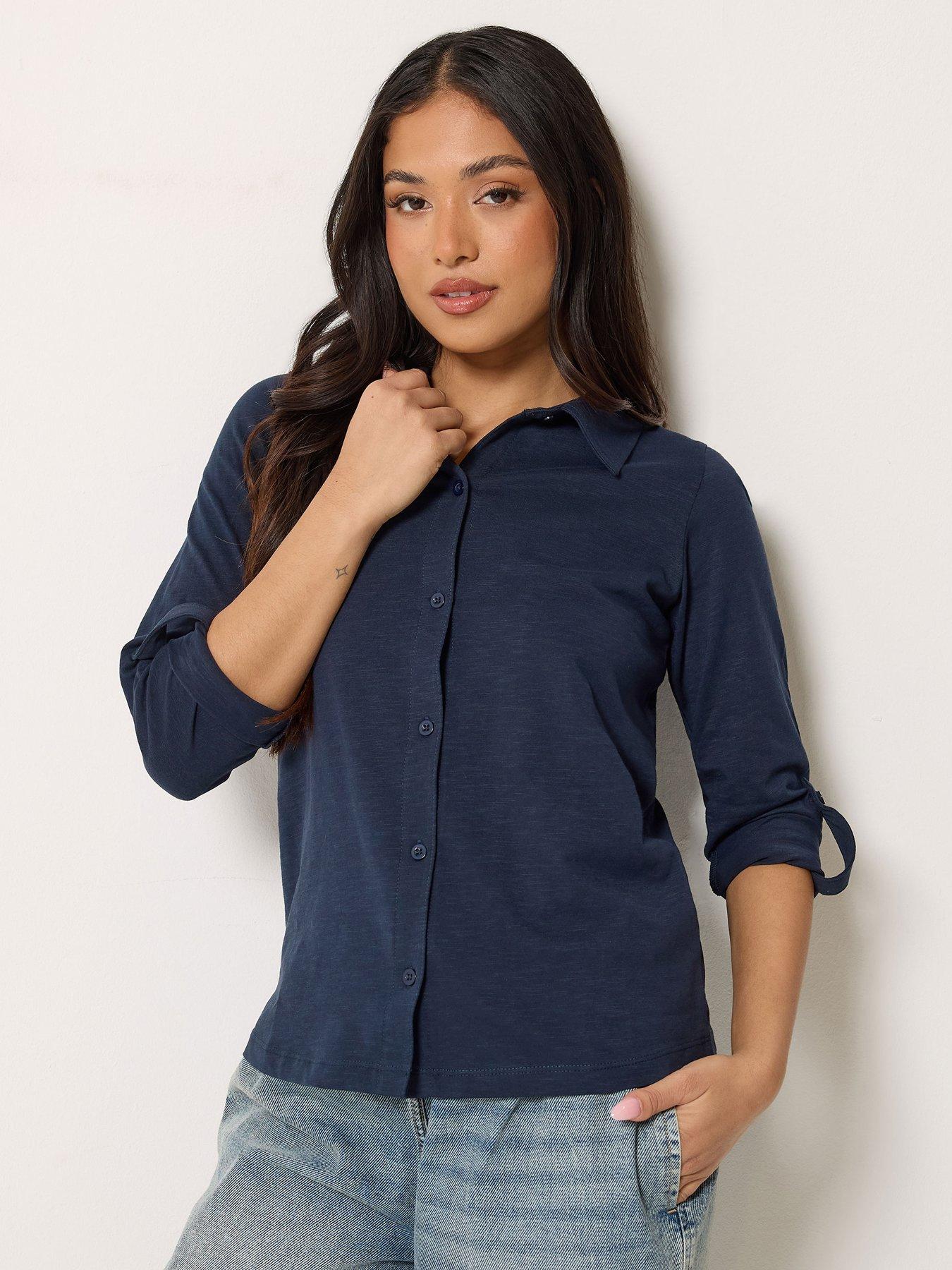 PixieGirl Petite Turn Back Sleeve Jersey Shirt - Navy Blue