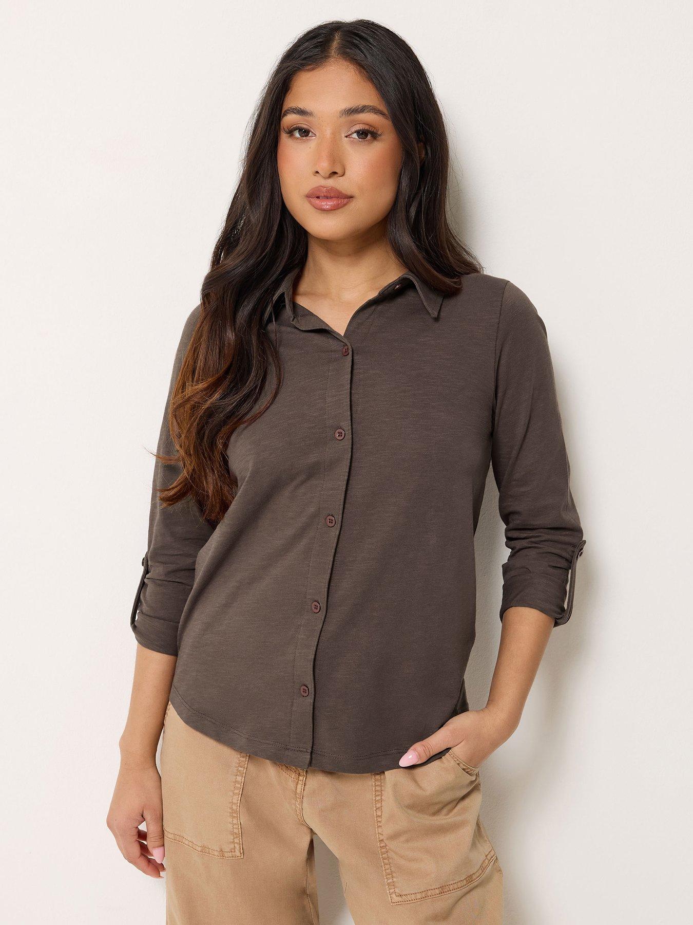 Image 1 of 4 of PixieGirl Petite Turn Back Sleeve Jersey Shirt - Brown