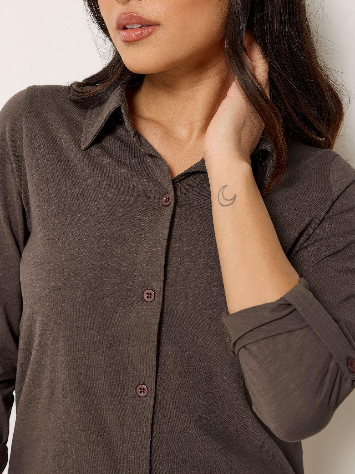 Image 4 of 4 of PixieGirl Petite Turn Back Sleeve Jersey Shirt - Brown