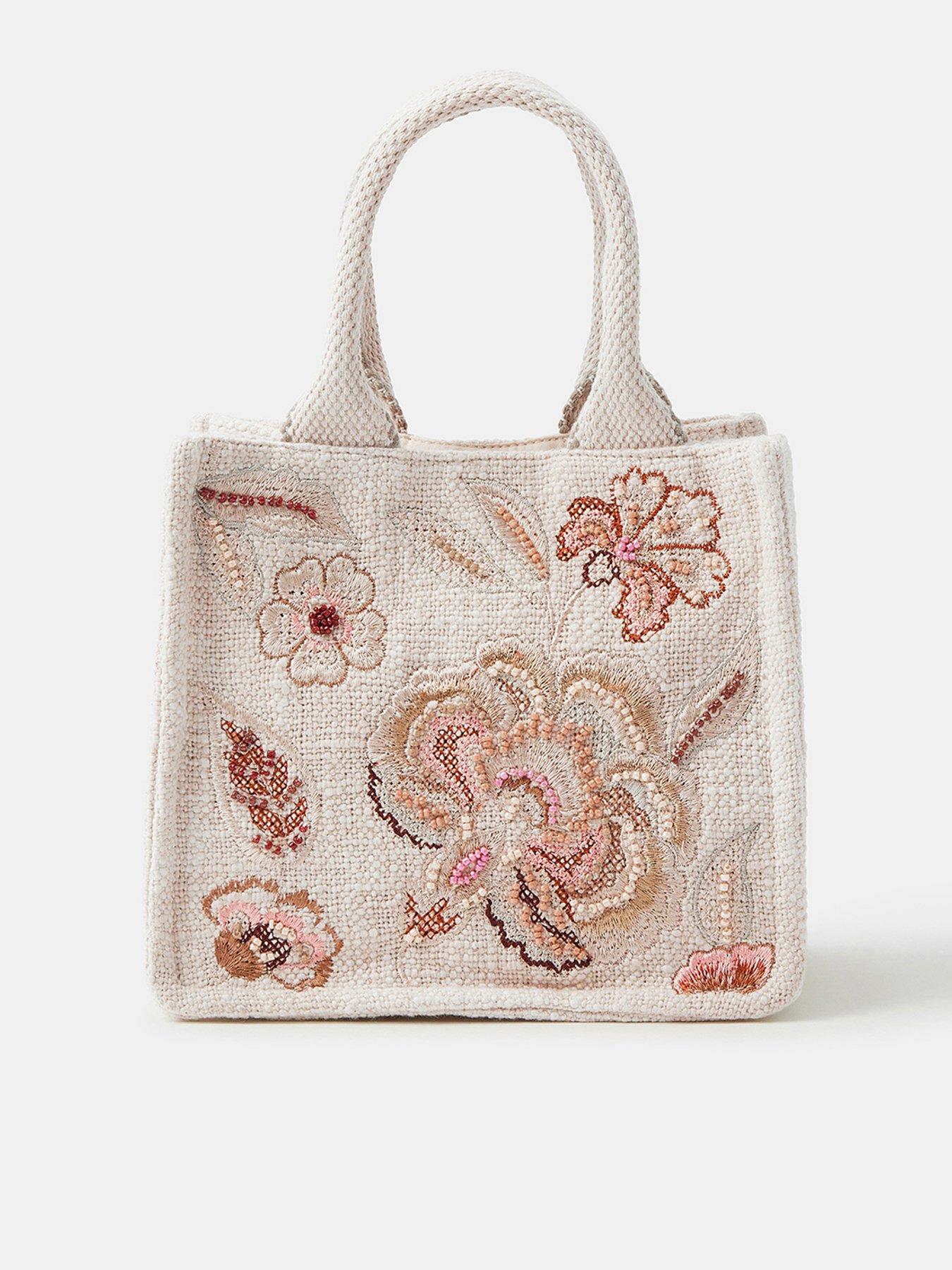 Accessorize Embroidered Mini Handheld Tote Bag - Cream