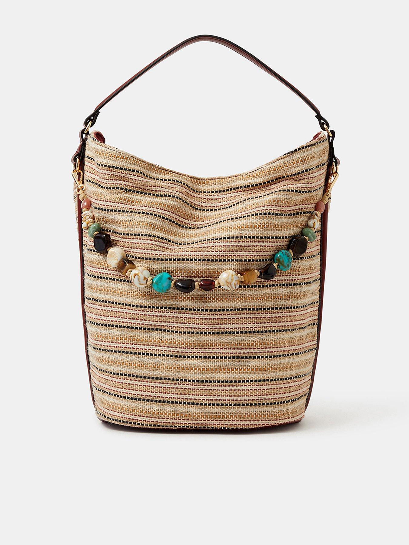 Accessorize Striped Beaded Charm Shoulder Bag - Beige