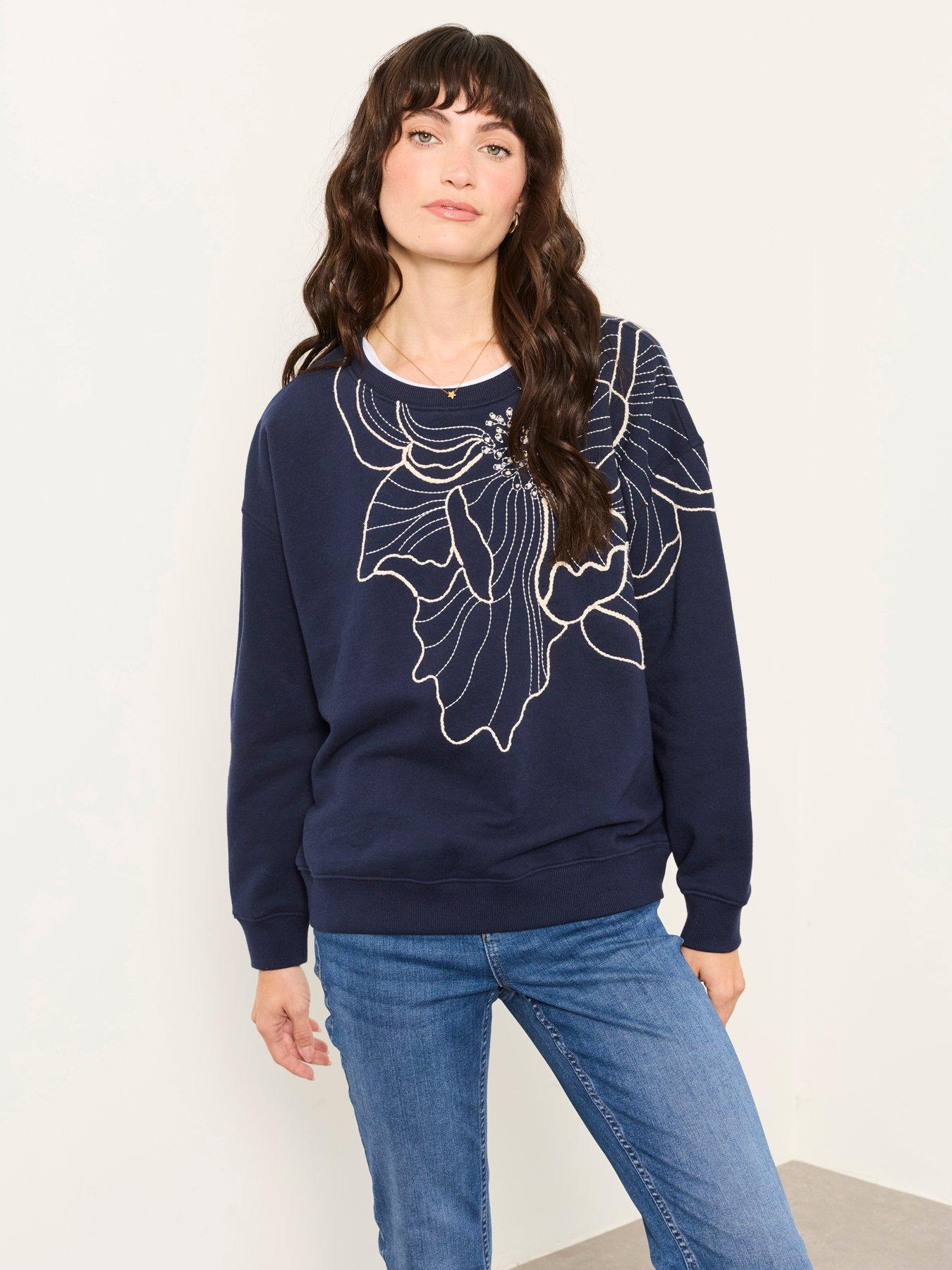 Image 1 of 6 of FatFace Women's Emily Pure Cotton Floral Embroidered Sweatshirt - Navy