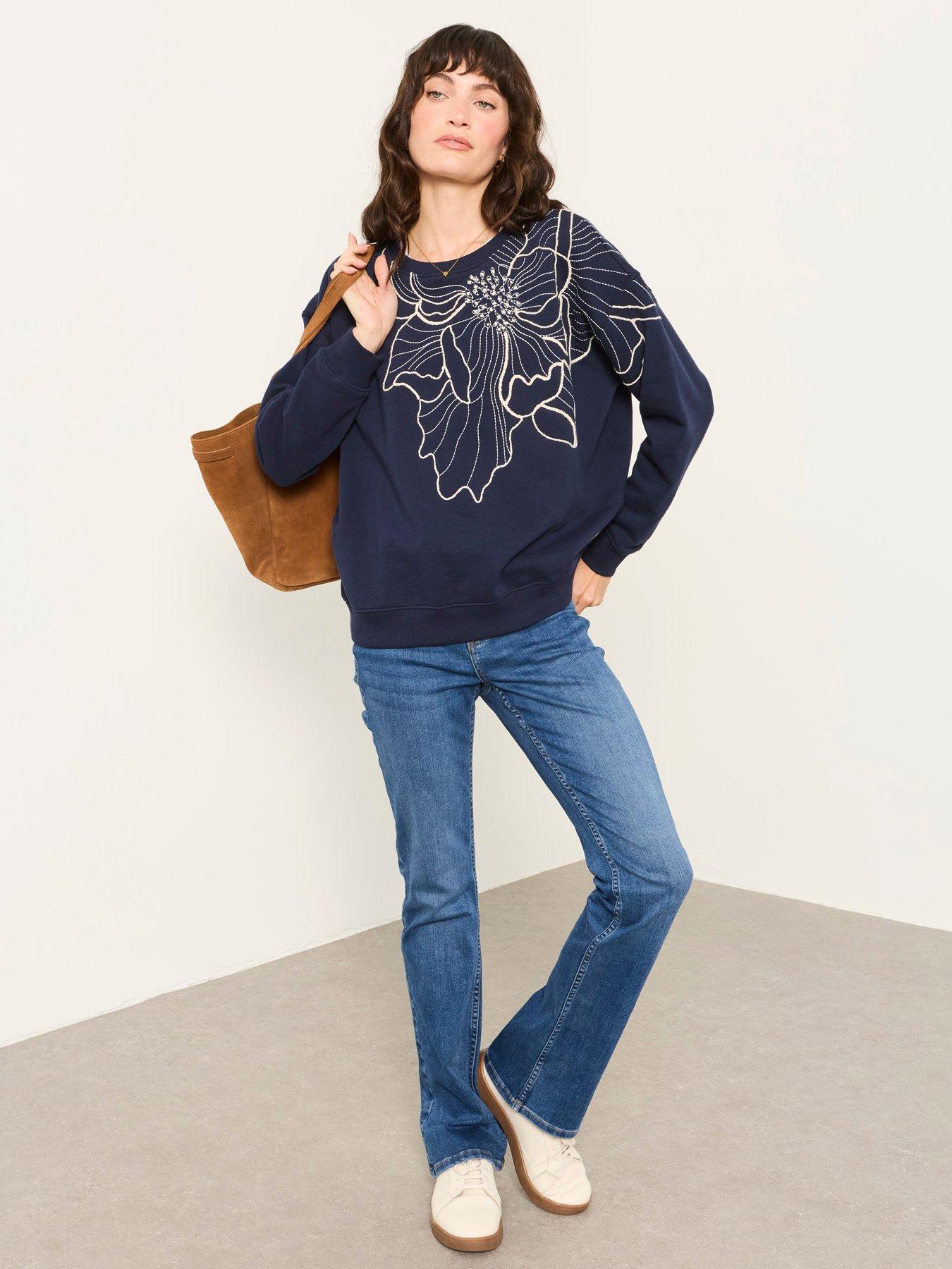 Image 3 of 6 of FatFace Women's Emily Pure Cotton Floral Embroidered Sweatshirt - Navy