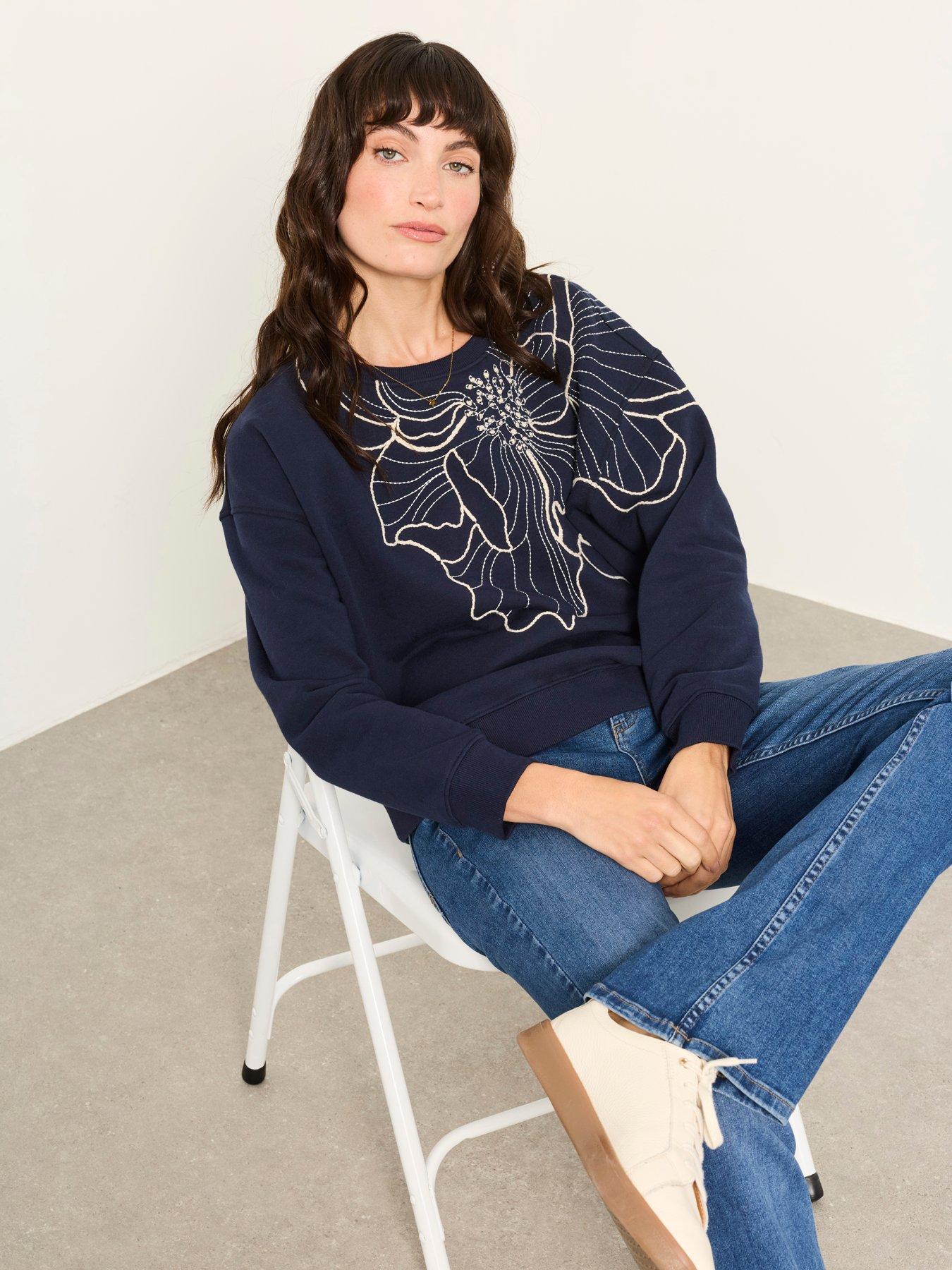 Image 4 of 6 of FatFace Women's Emily Pure Cotton Floral Embroidered Sweatshirt - Navy
