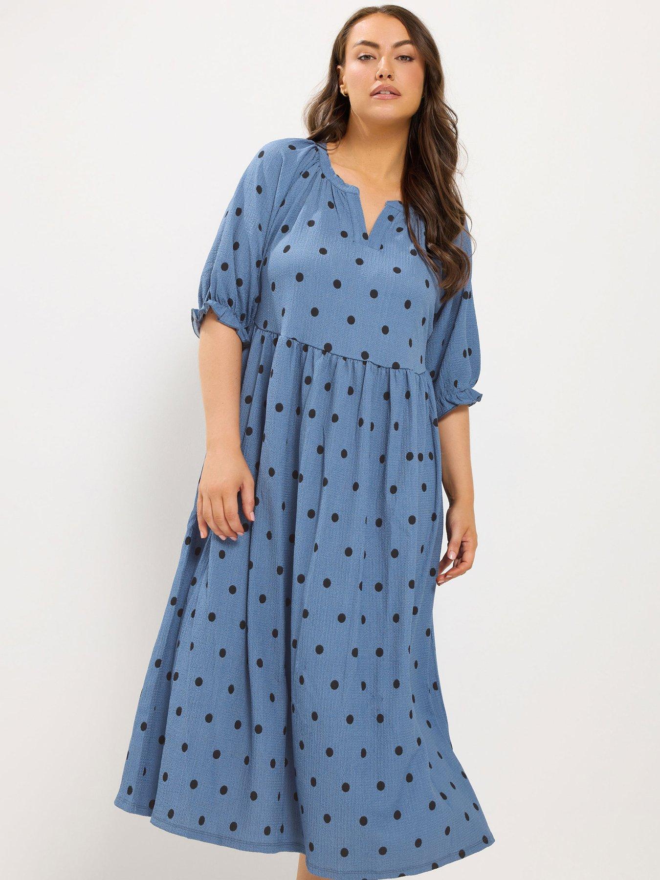 Yours Curve Polka Notch Neck Dress - Blue