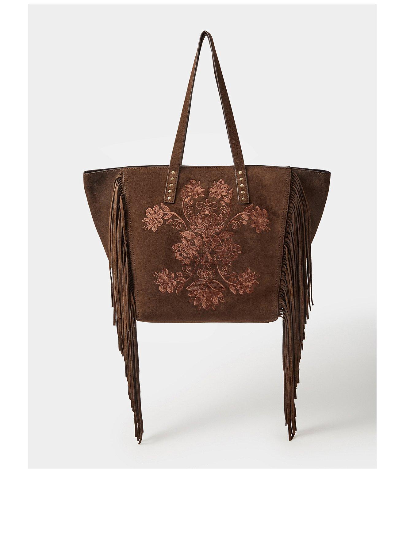 Image 1 of 5 of Accessorize Embroidered Fringe Tote Bag - Brown