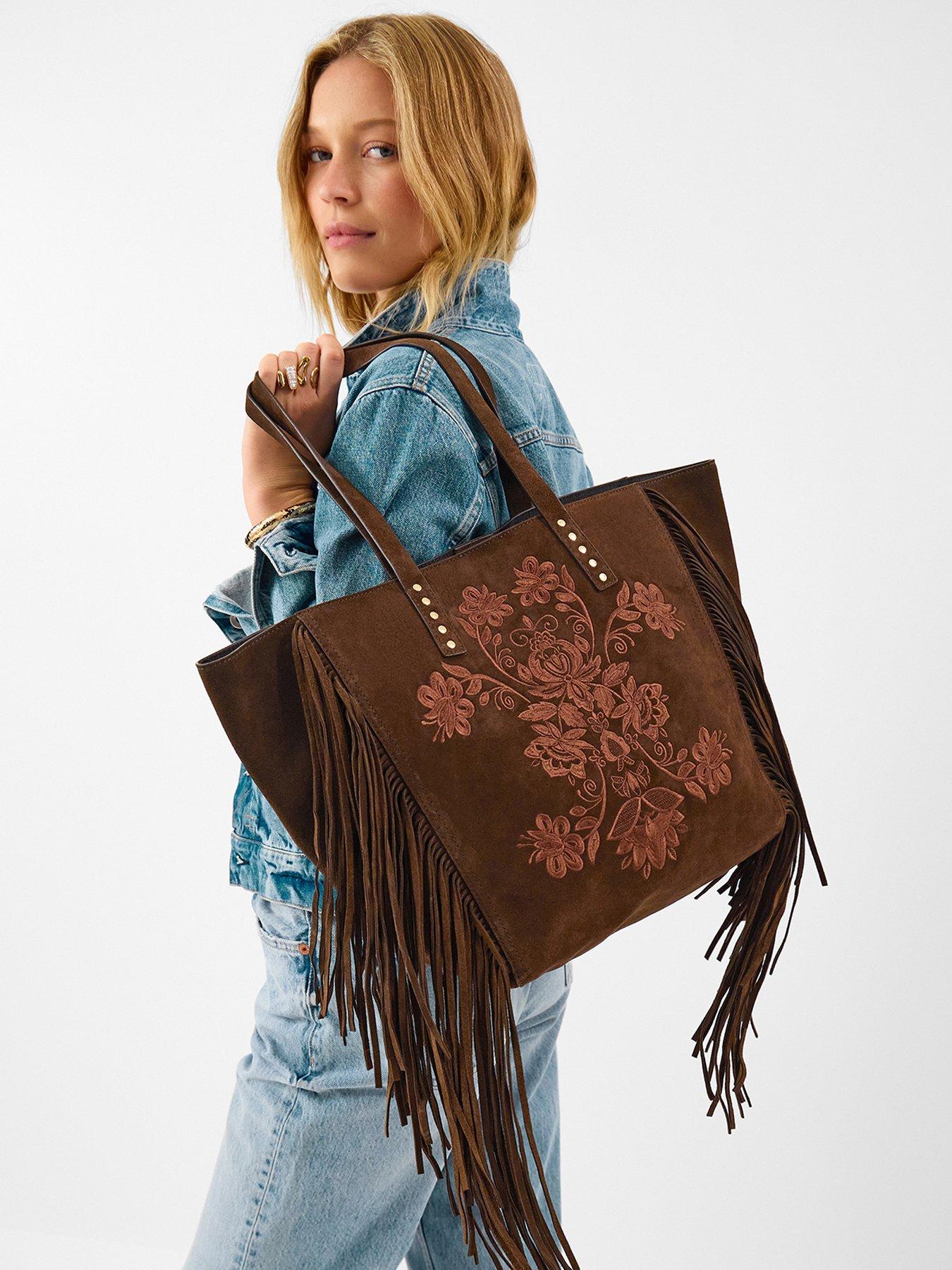 Image 2 of 5 of Accessorize Embroidered Fringe Tote Bag - Brown