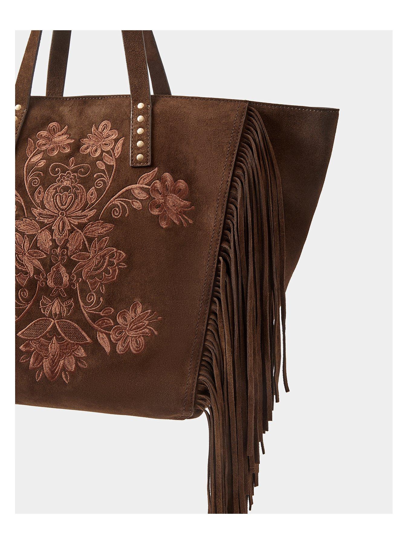 Image 4 of 5 of Accessorize Embroidered Fringe Tote Bag - Brown