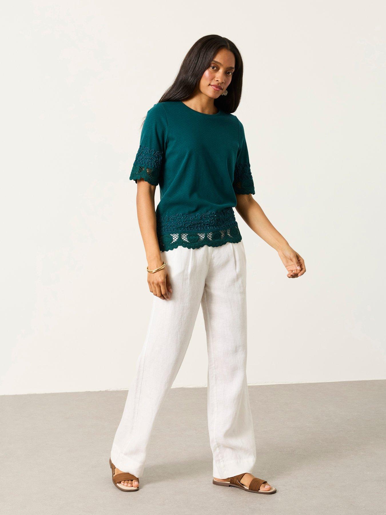FatFace Chloe Crochet T-Shirt - Teal Blue