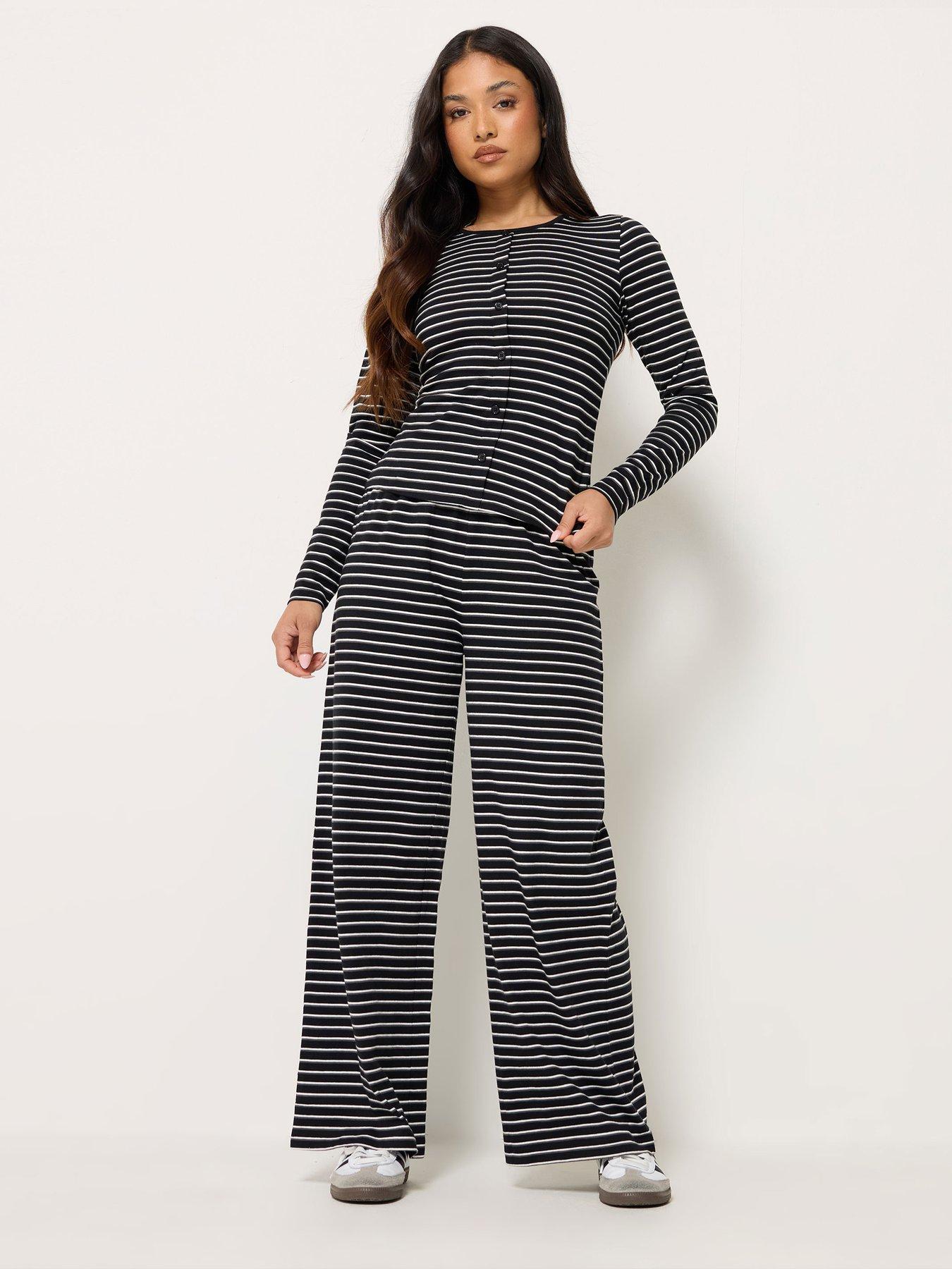 Image 1 of 4 of PixieGirl Petite Stripe Button Through Top and Trouser Set - Black