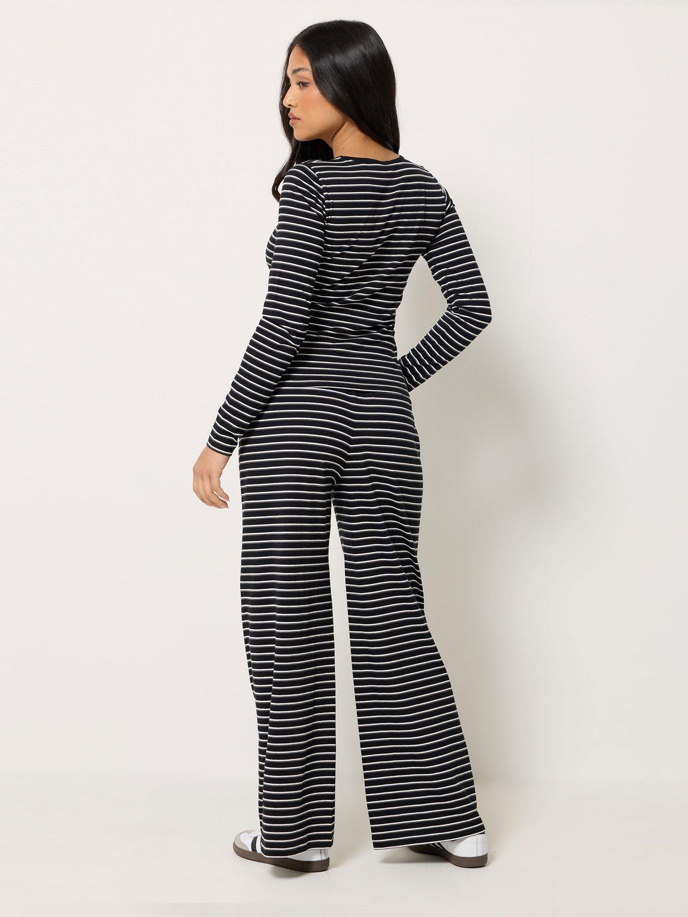 Image 2 of 4 of PixieGirl Petite Stripe Button Through Top and Trouser Set - Black