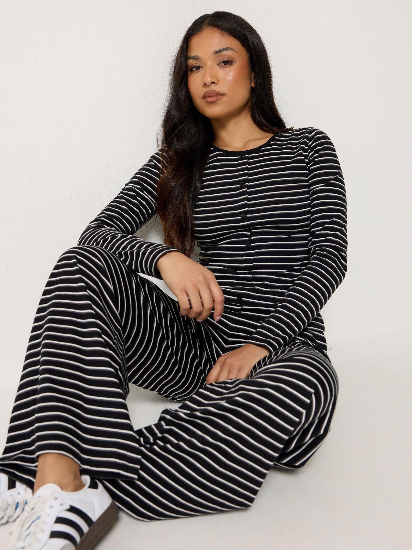 Image 3 of 4 of PixieGirl Petite Stripe Button Through Top and Trouser Set - Black