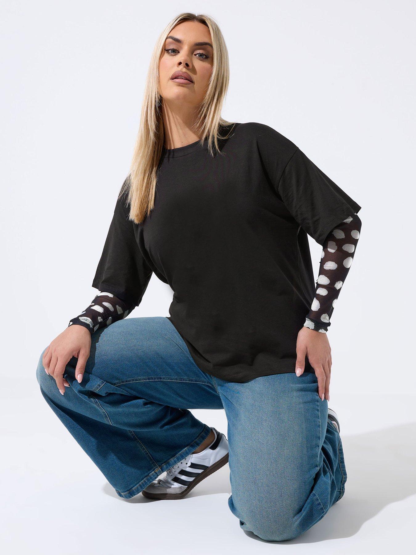 Yours Curve Spot Mesh Insert T-Shirt - Black