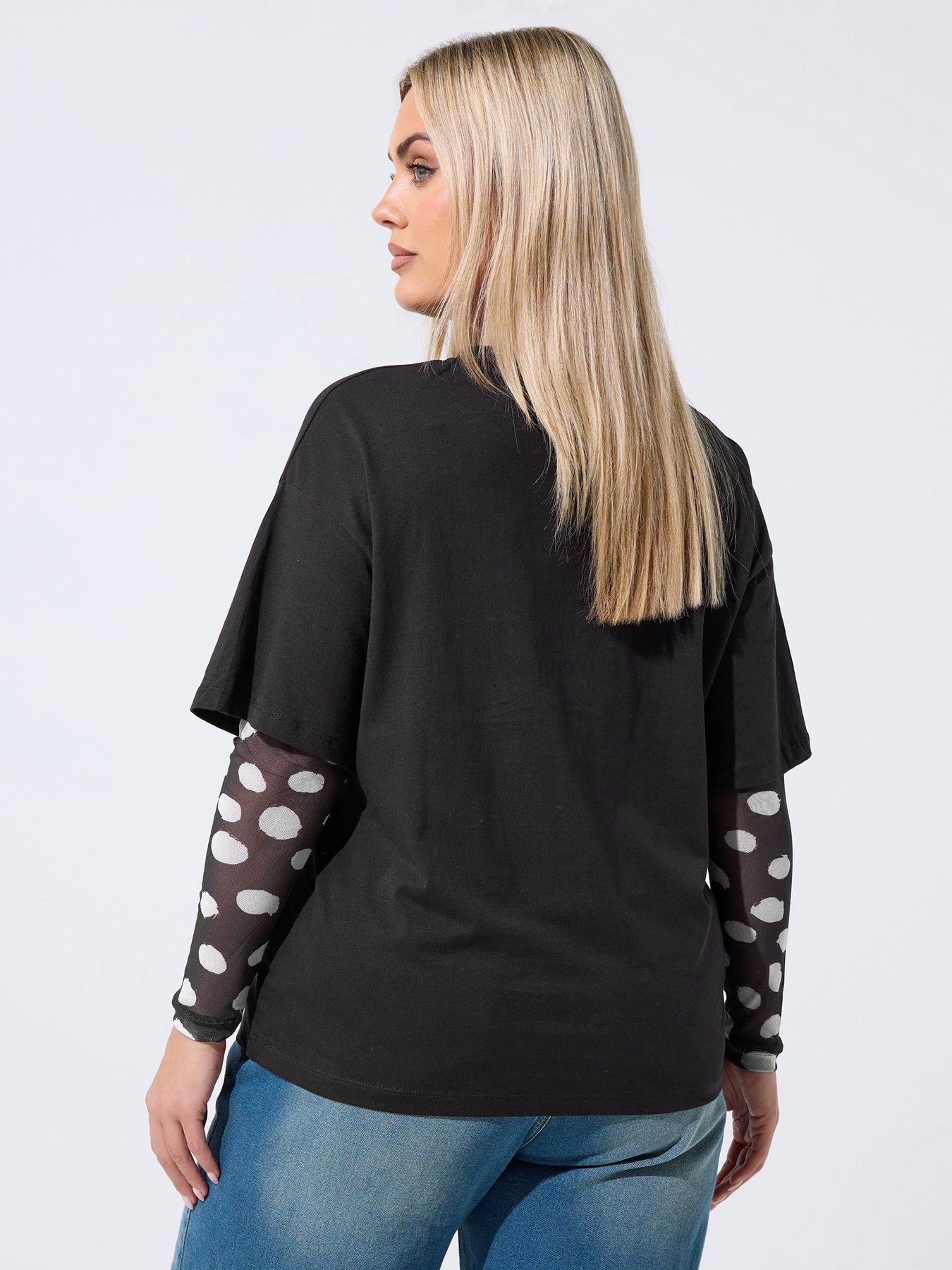 Image 2 of 4 of Yours Curve Spot Mesh Insert T-Shirt - Black