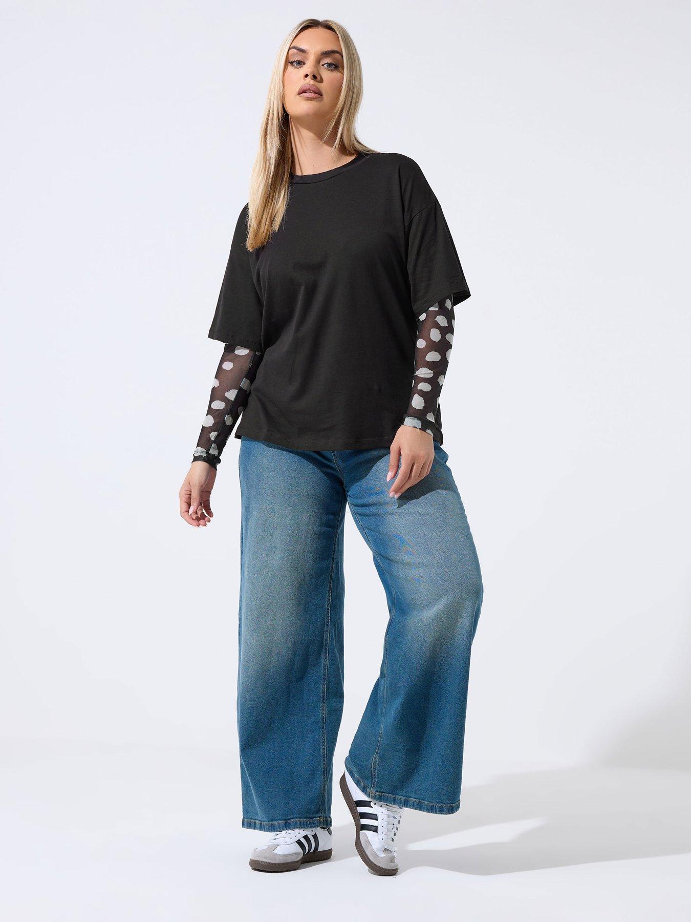 Image 3 of 4 of Yours Curve Spot Mesh Insert T-Shirt - Black