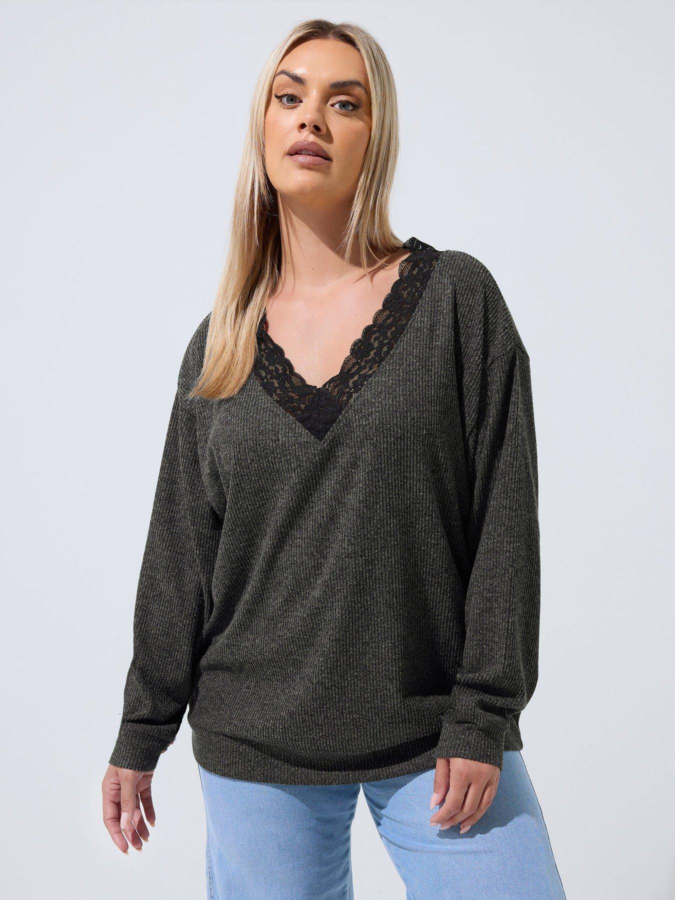 Yours Curve Ribbed Lace Trim Top - Grey