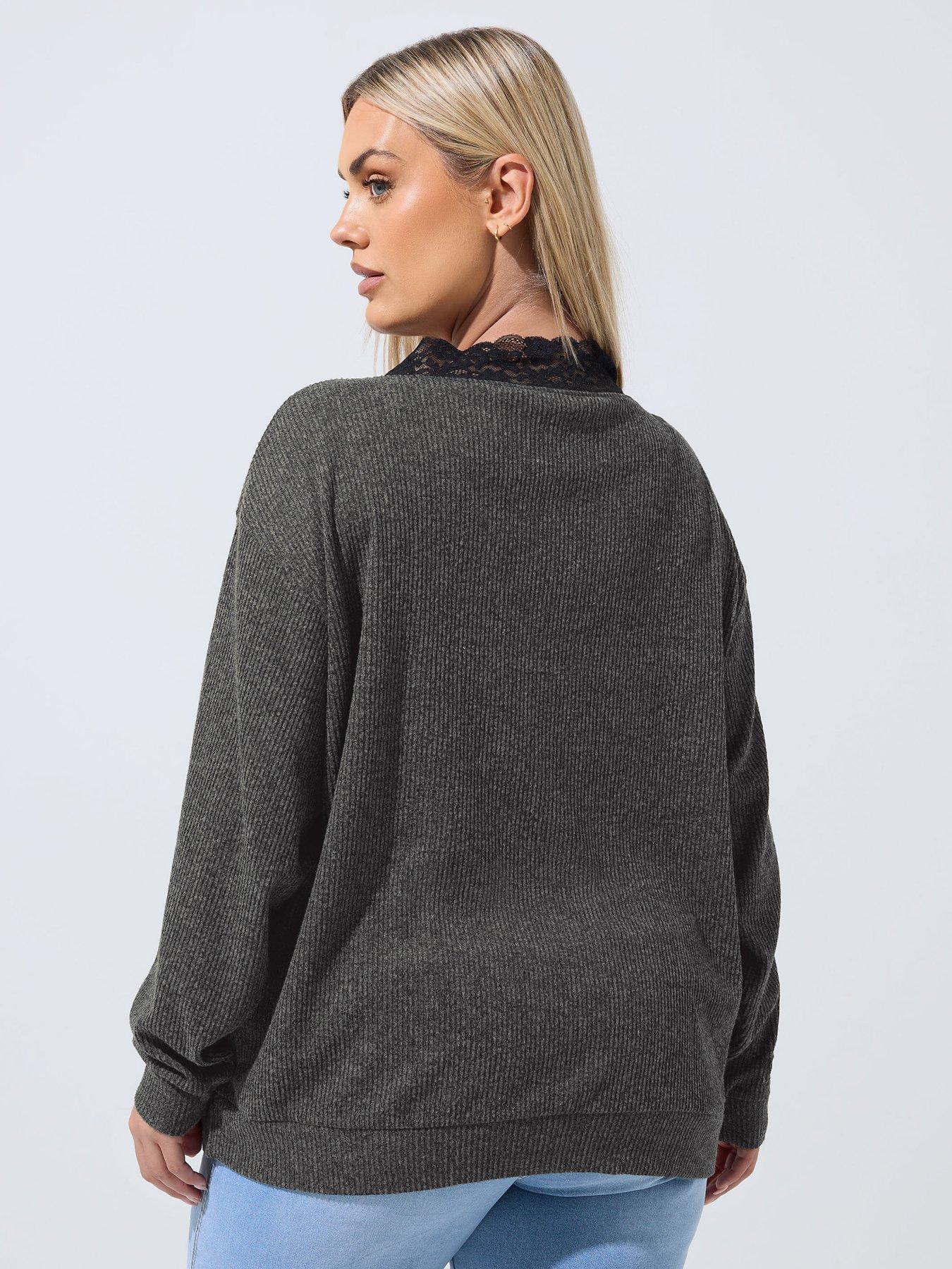 Image 2 of 4 of Yours Curve Ribbed Lace Trim Top - Grey