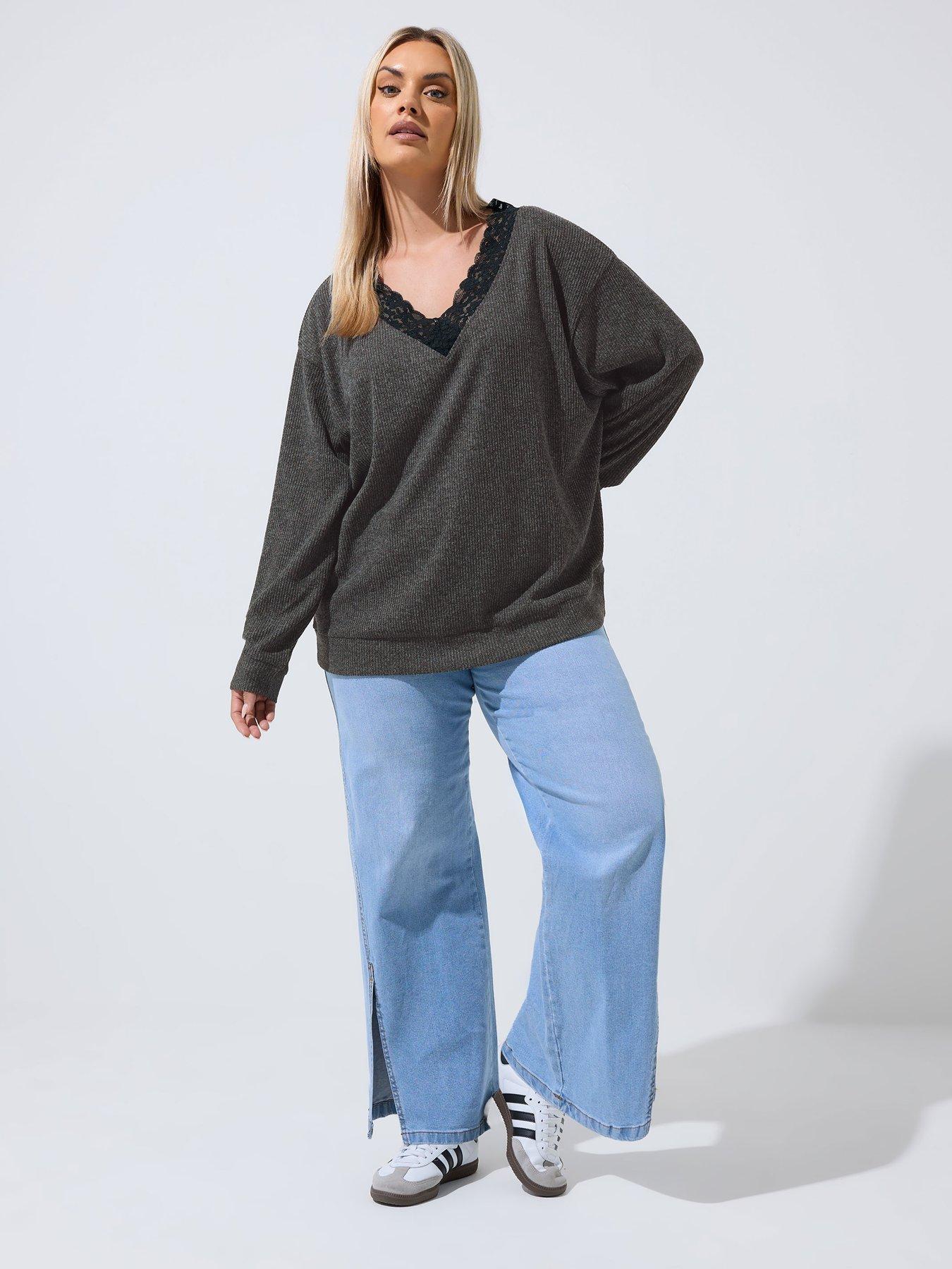 Image 3 of 4 of Yours Curve Ribbed Lace Trim Top - Grey