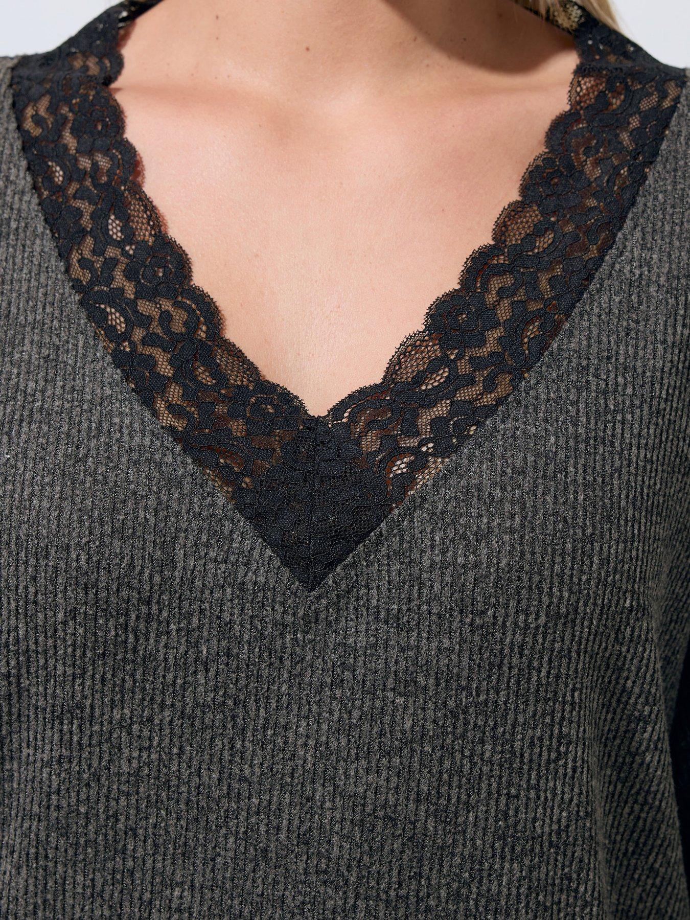 Image 4 of 4 of Yours Curve Ribbed Lace Trim Top - Grey