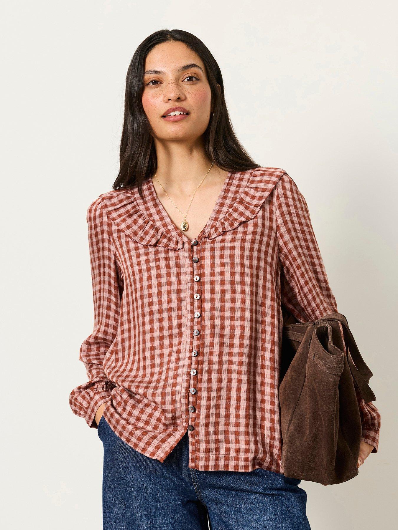 FatFace Women's Alba Gingham Button-Front Blouse with Collar - Pink