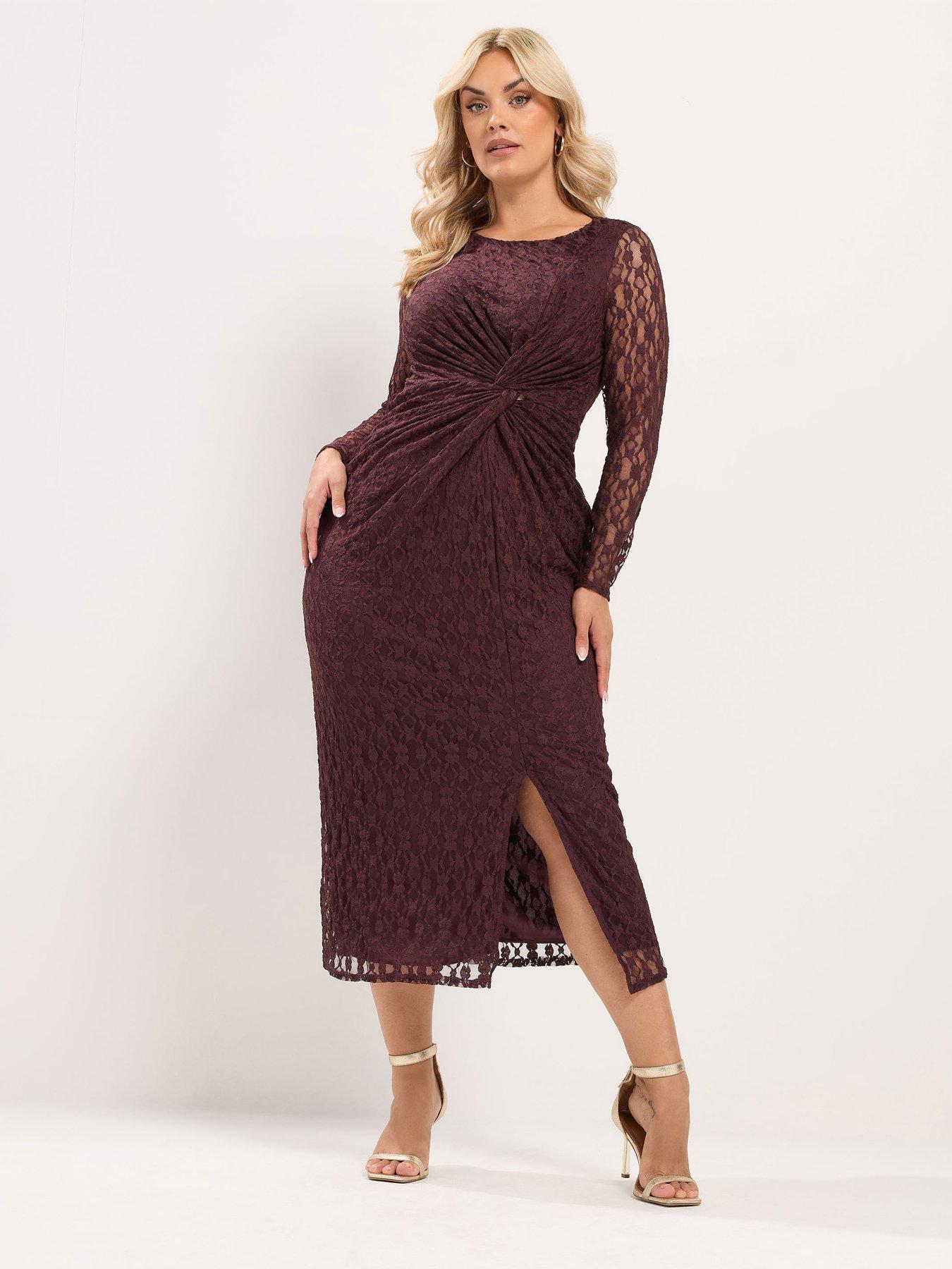 Yours Curve Lace Side Twist Dress - Brown