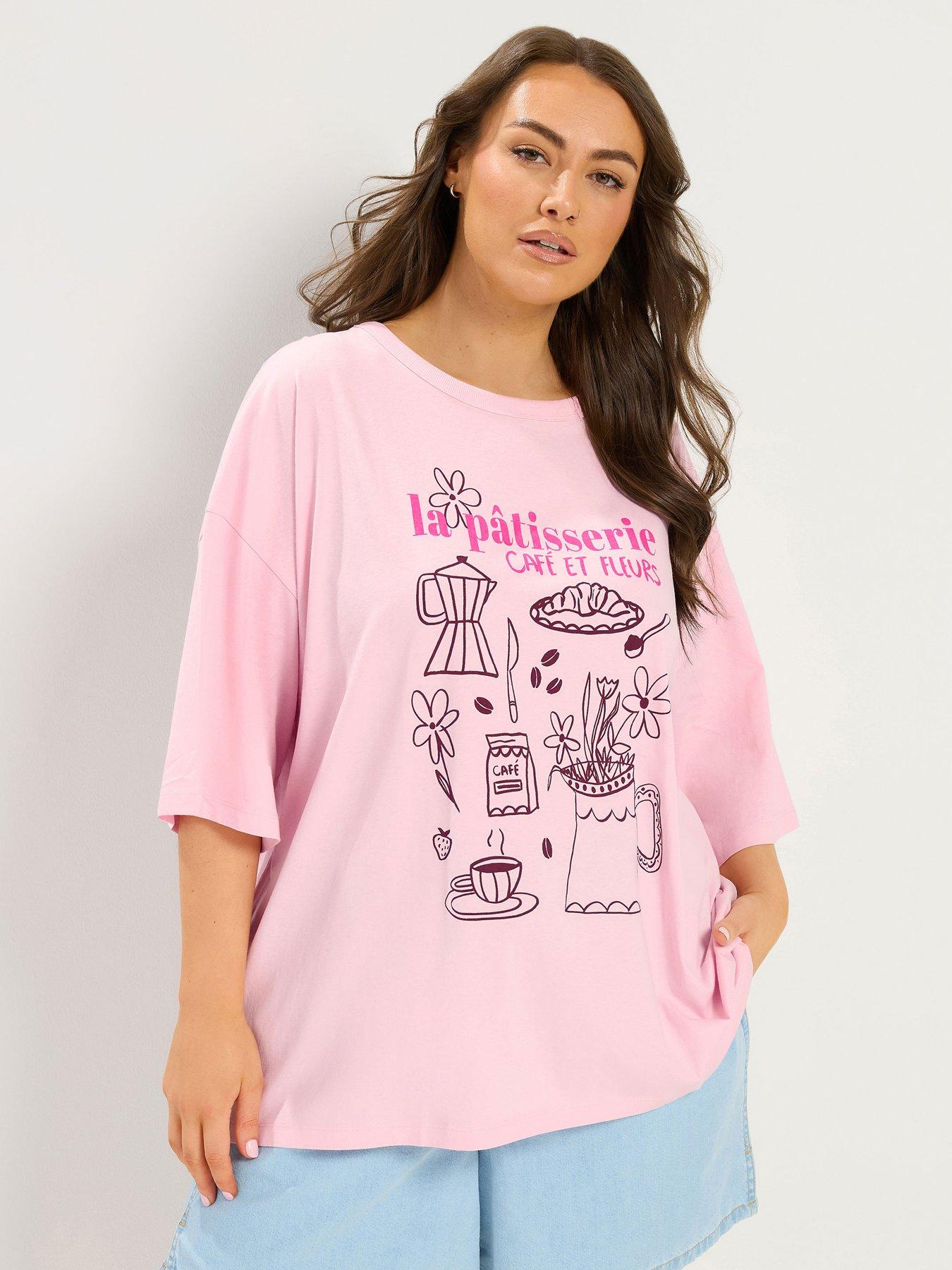 Yours Curve Placement Boxy T-Shirt - Pink