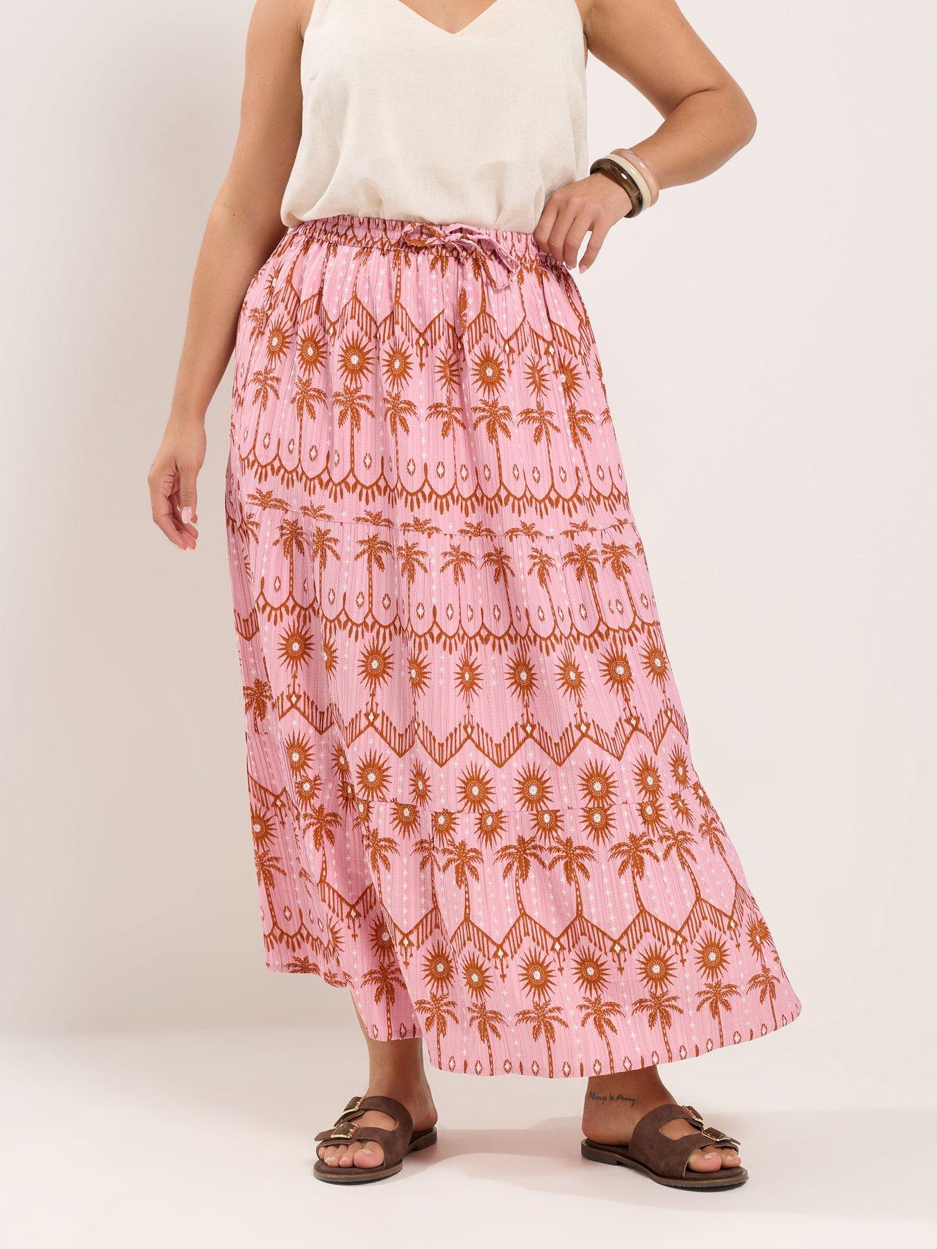 Yours Curve Palm Tree Print Skirt - Pink