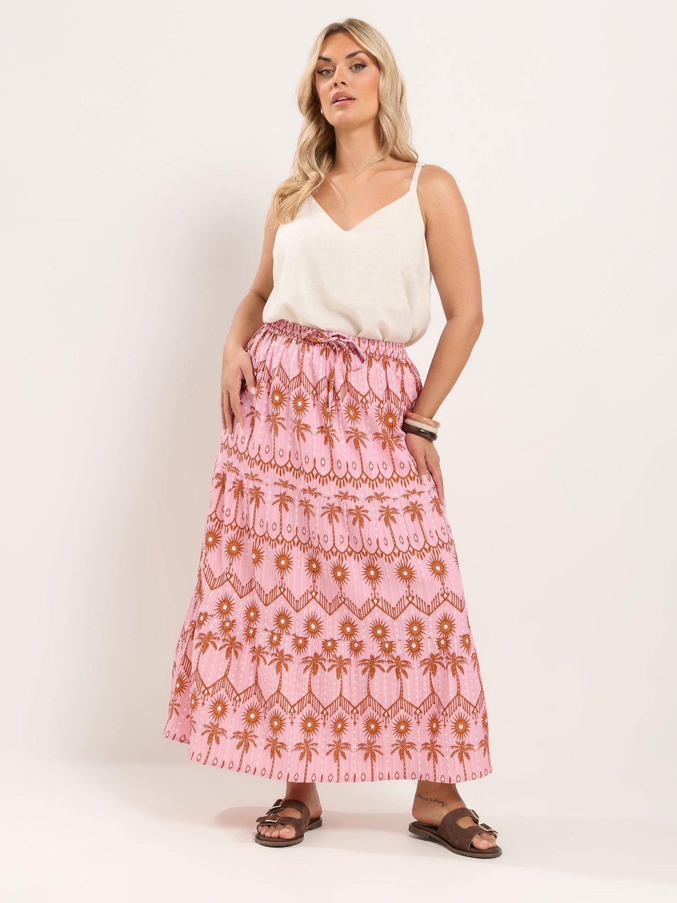 Image 3 of 4 of Yours Curve Palm Tree Print Skirt - Pink