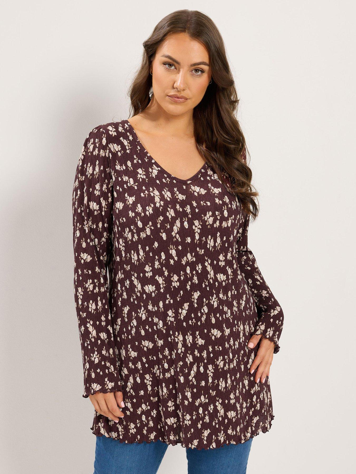 Yours Curve Ditsy Floral Tunic Top - Brown